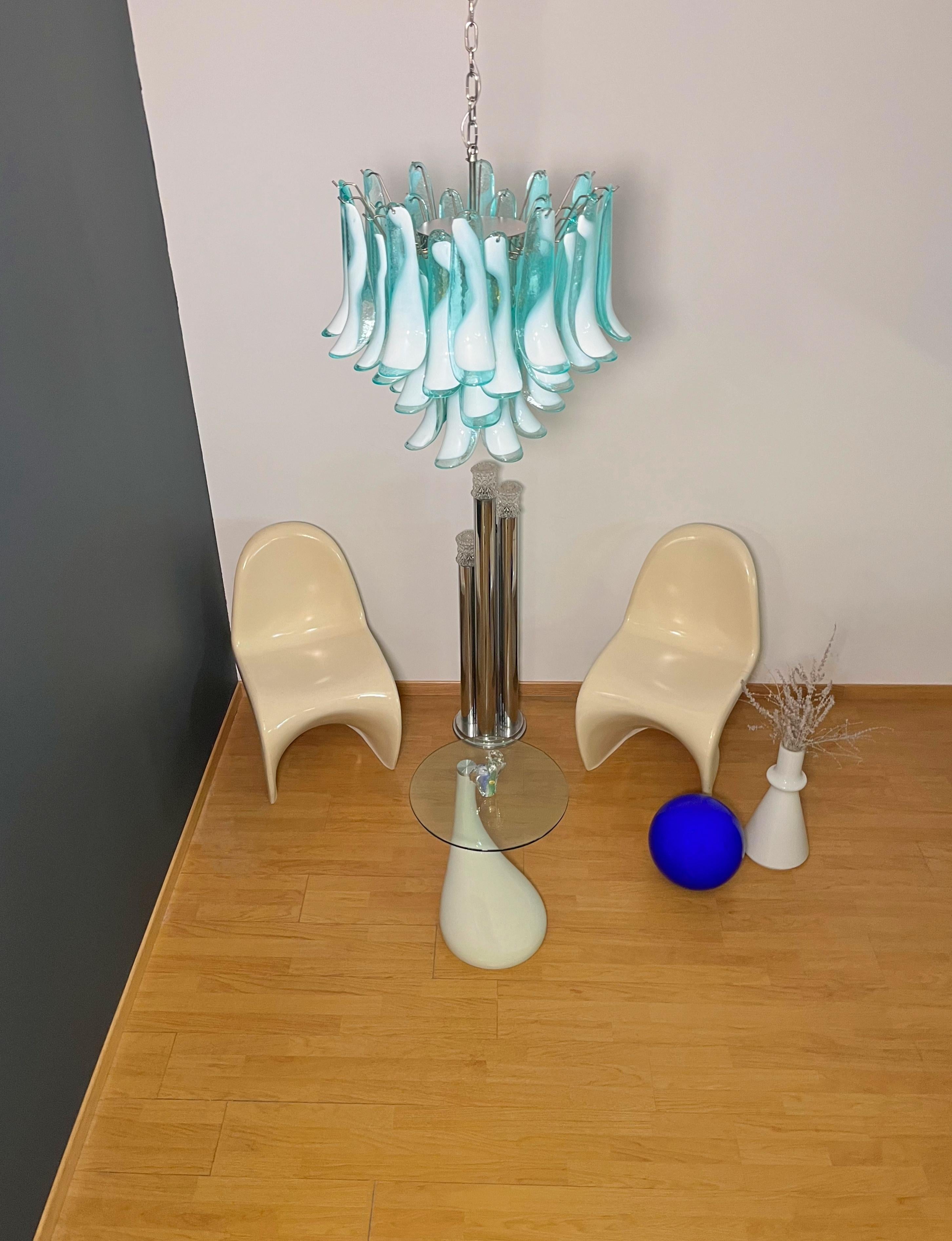 Galvanizzato Italian vintage Murano chandelier - Mazzega - 36 lattimo turquoise glass petals in vendita