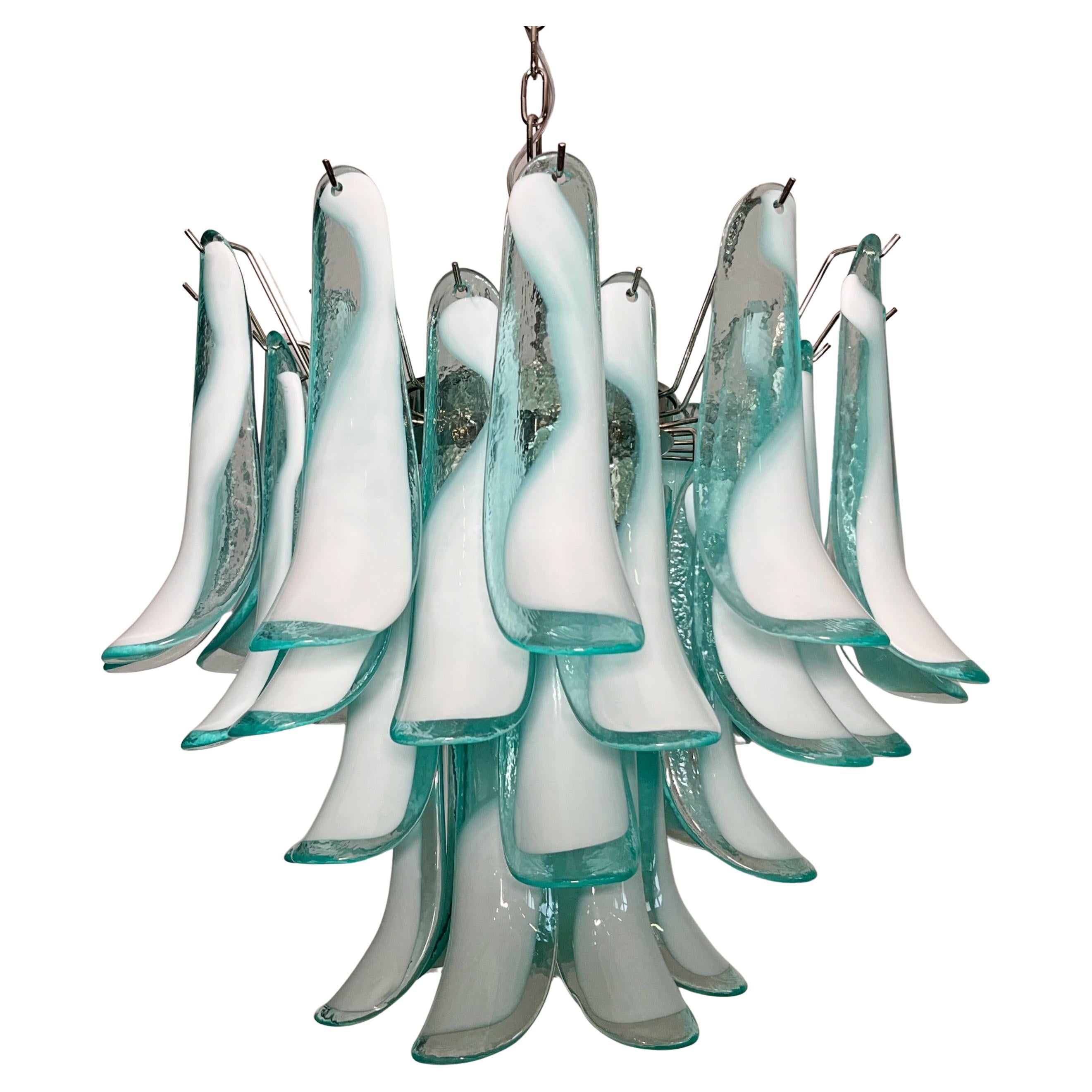 Italian vintage Murano chandelier - Mazzega - 36 lattimo turquoise glass petals