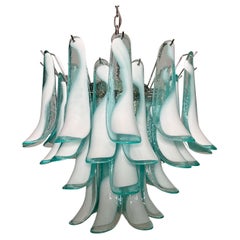 Italian vintage Murano chandelier - Mazzega - 36 lattimo turquoise glass petals