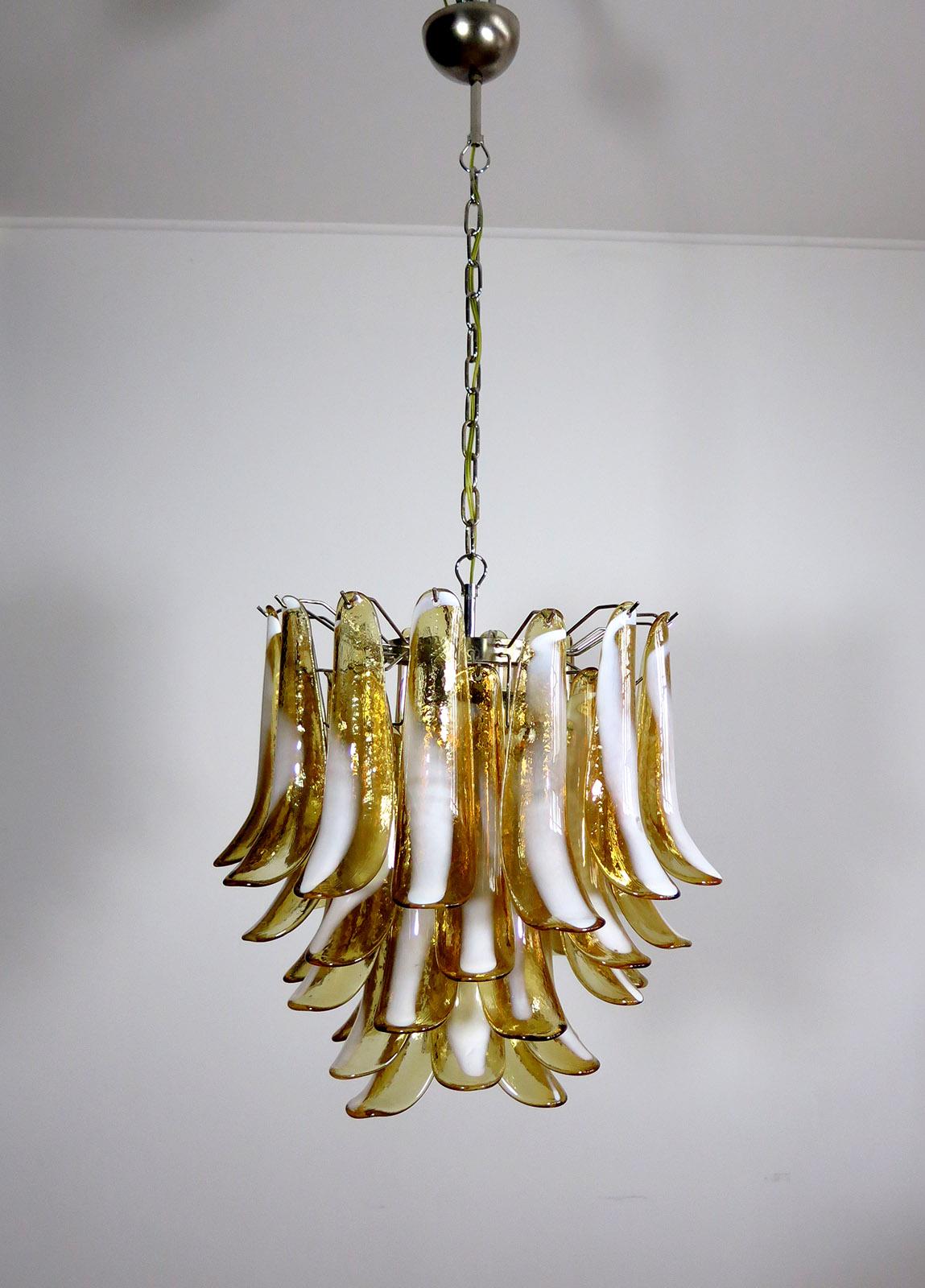Blown Glass Italian Vintage Murano Chandelier, Mazzega, 41 Caramel Lattimo Glass Petals