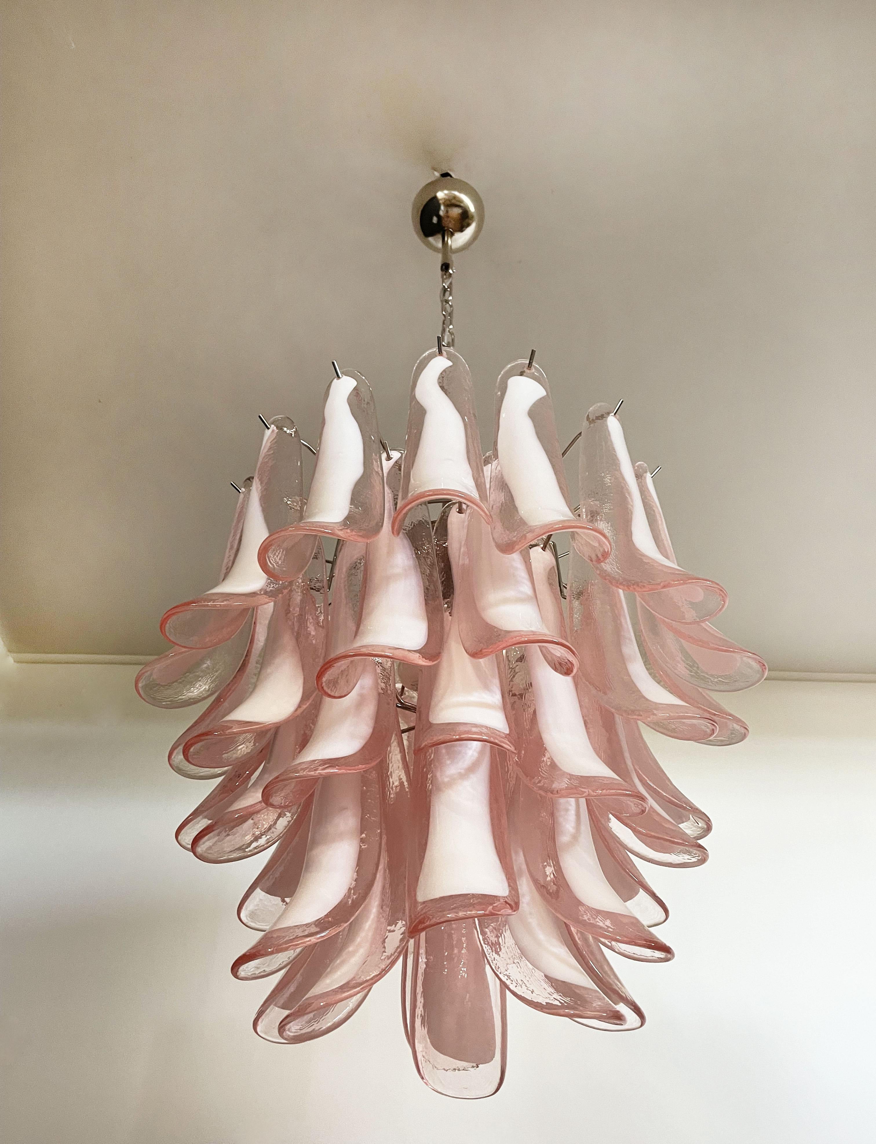Italian Vintage Murano Chandelier, Mazzega, 41 Pink Lattimo Glass Petals 5