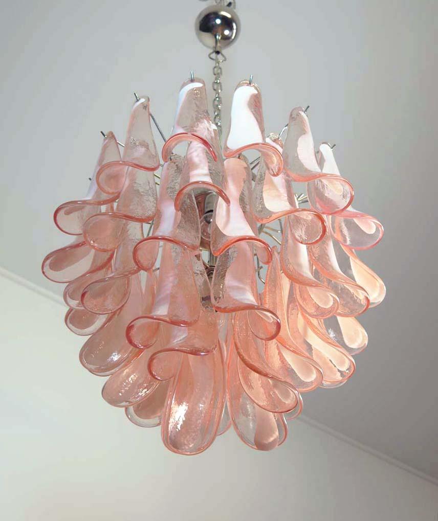 1970s Murano Italian glass chandelier. Fantastic chandelier with pink and white “lattimo” glasses, nickel-plated metal frame. It has 41 big monumental petals glass. The glasses are very high quality, the photos do not do the beauty, luster of these