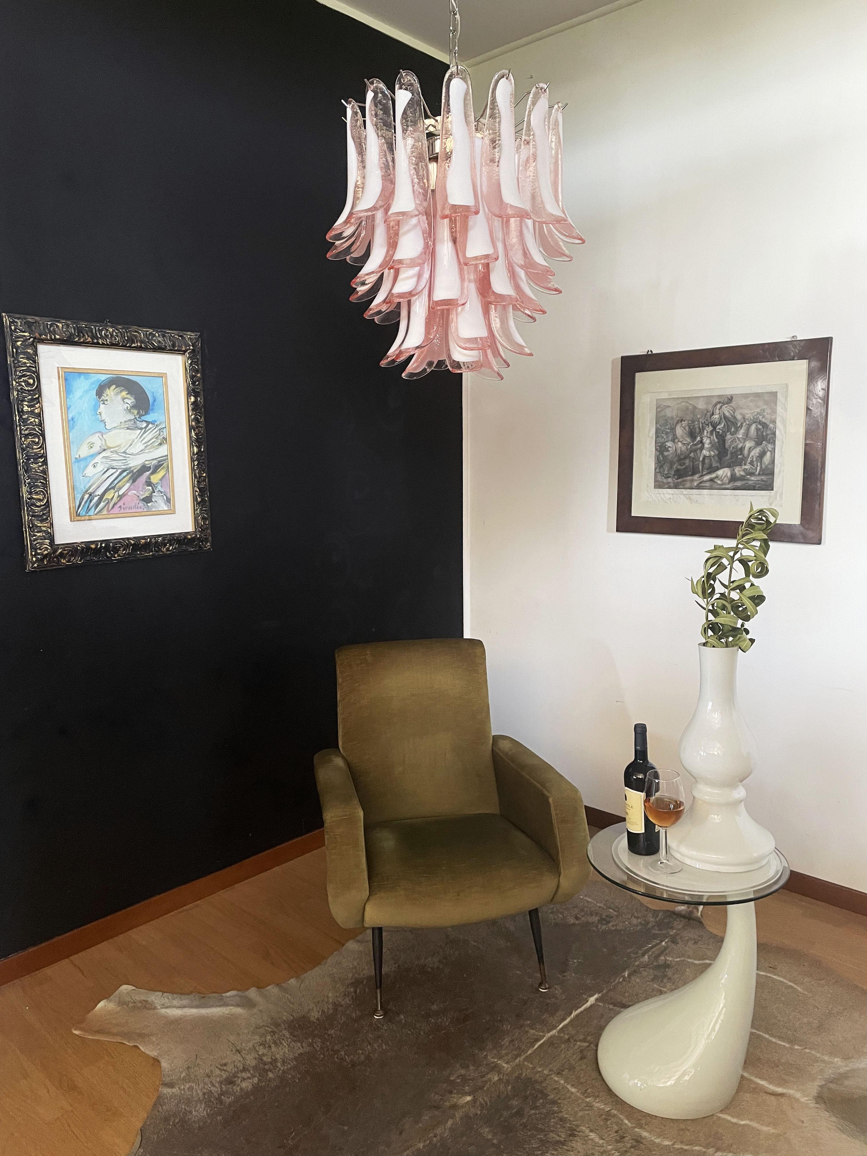 1970’s Murano Italian glass chandelier. Fantastic chandelier with pink and white “lattimo” glasses, nickel-plated metal frame. It has 41 big monumental petals glass. The glasses are very high quality, the photos do not do the beauty, luster of these