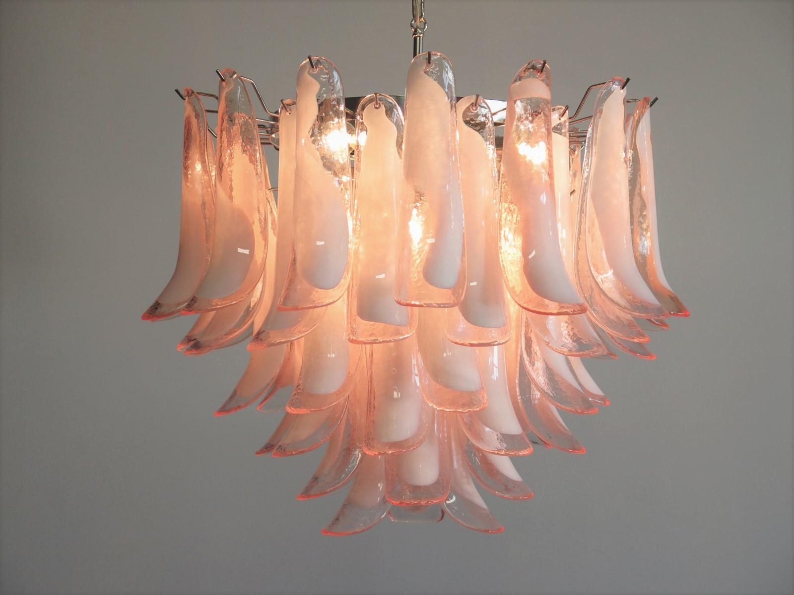 Italian Vintage Murano Chandelier, Mazzega, 53 Pink Lattimo Glass Petals 5