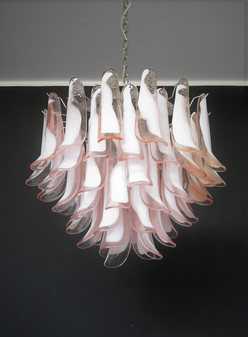Murano Italian glass chandelier. Fantastic chandelier with pink and white “lattimo” glasses, nickel-plated metal frame. It has 53 big monumental petals glass. The glasses are very high quality, the photos do not do the beauty, luster of these