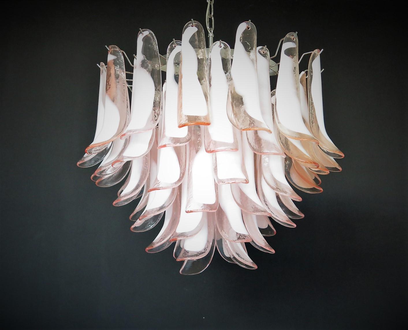 Blown Glass Italian Vintage Murano Chandelier, Mazzega, 53 Pink Lattimo Glass Petals