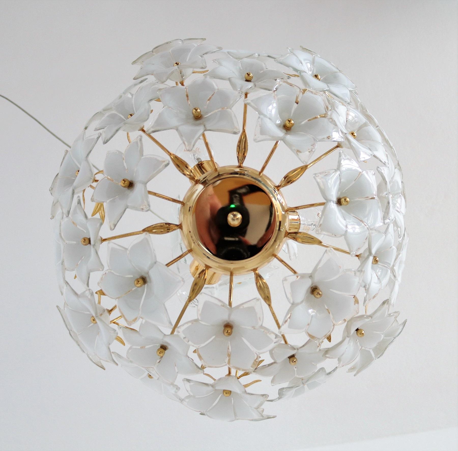 Italian Vintage Murano Glass and Brass Chandelier with White Glass Flowers, 1970 4