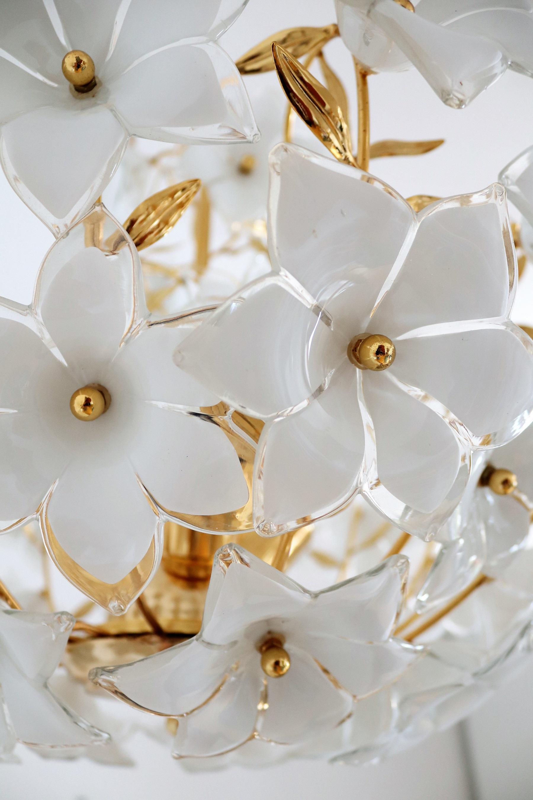Italian Vintage Murano Glass and Brass Chandelier with White Glass Flowers, 1970 7