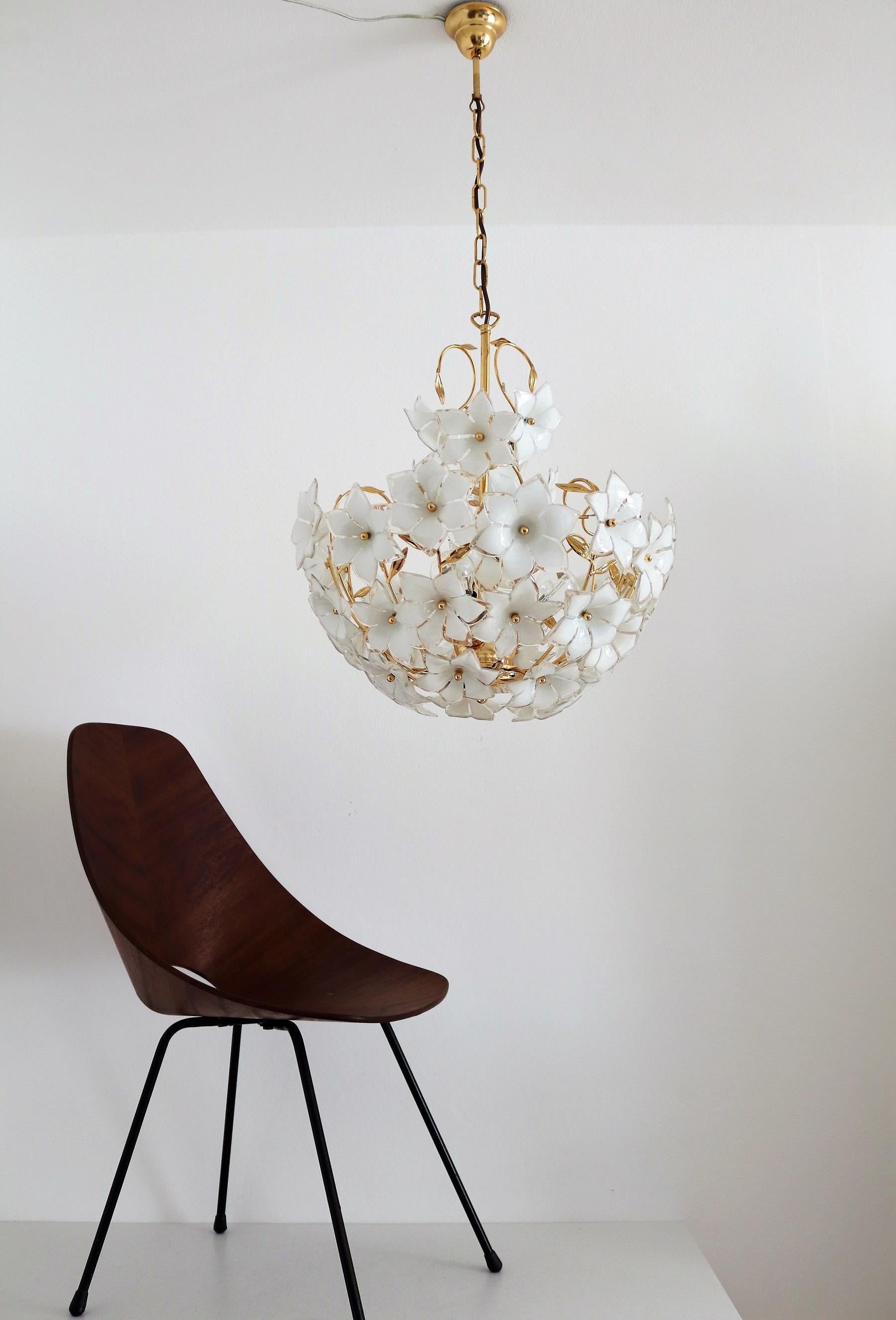 Mid-Century Modern Italian Vintage Murano Glass and Brass Chandelier with White Glass Flowers, 1970