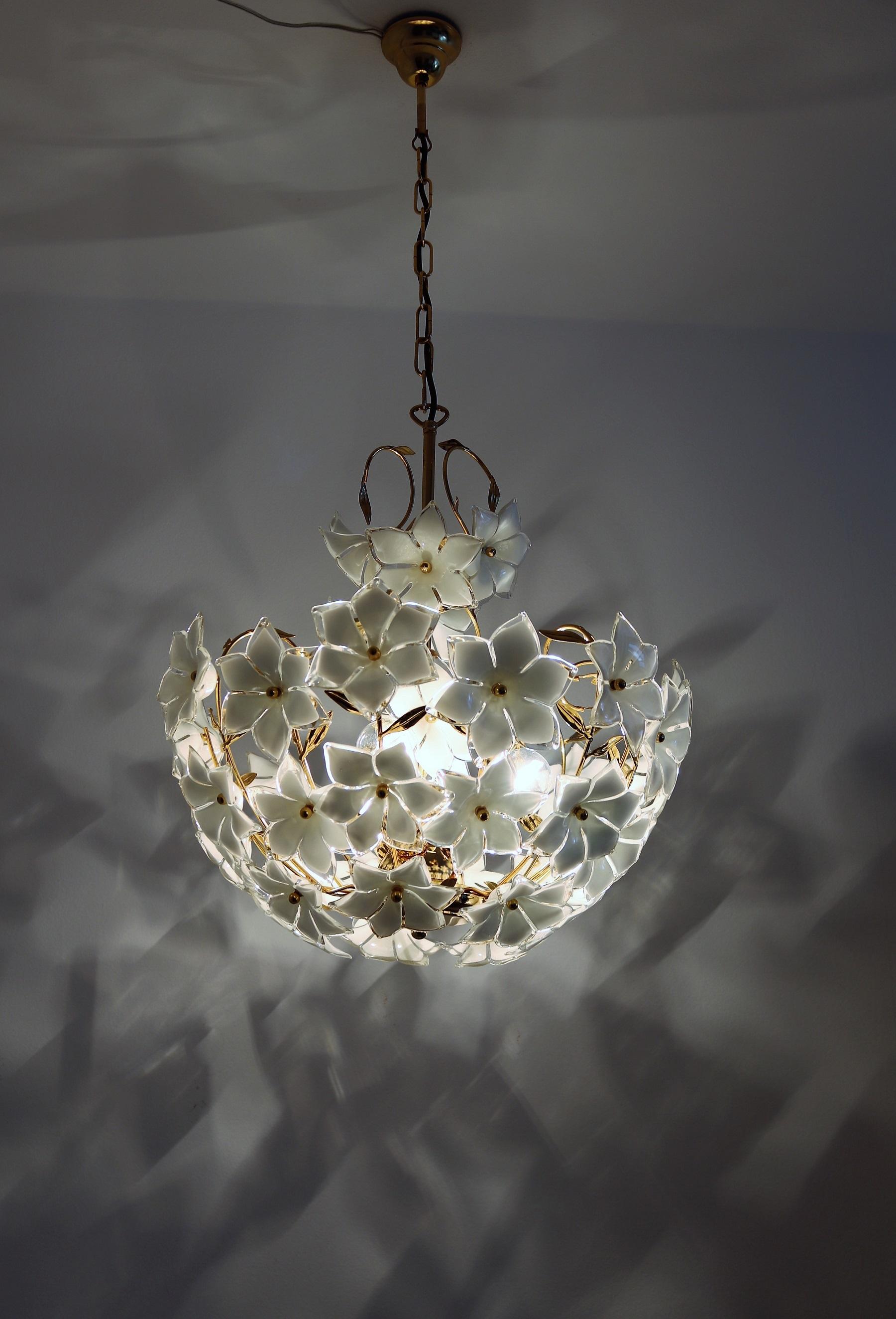 Gilt Italian Vintage Murano Glass and Brass Chandelier with White Glass Flowers, 1970