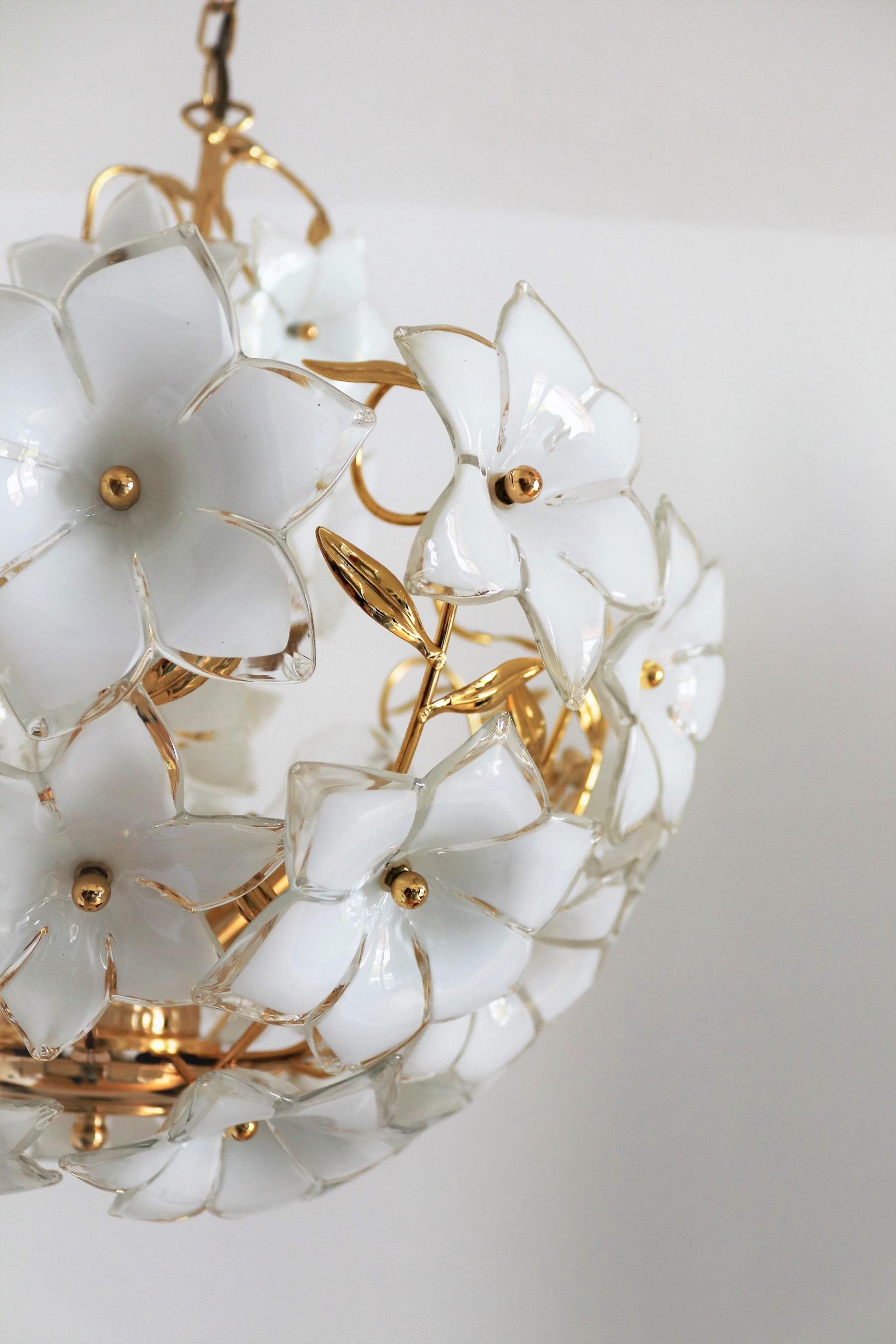 Italian Vintage Murano Glass and Brass Chandelier with White Glass Flowers, 1970 2