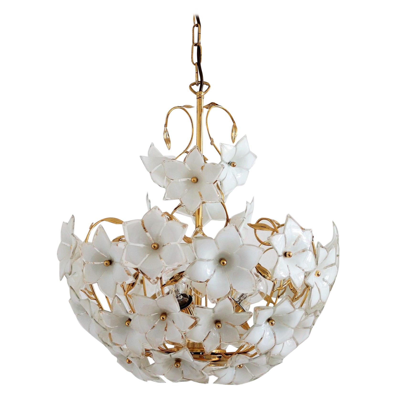 Italian Vintage Murano Glass and Brass Chandelier with White Glass Flowers, 1970