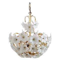 Italian Vintage Murano Glass and Brass Chandelier with White Glass Flowers, 1970