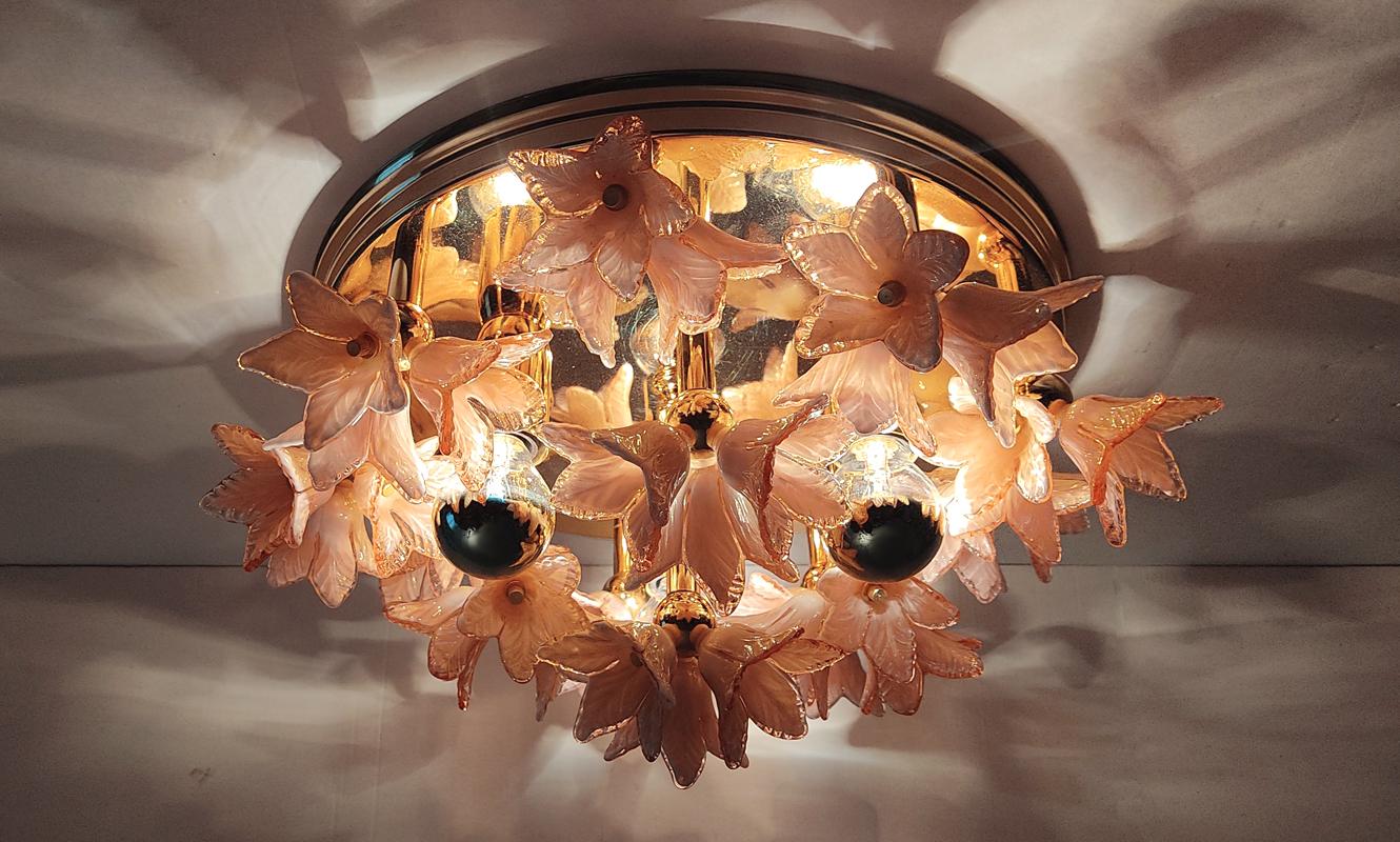Mid-Century Modern Italian Vintage Murano Glass Ceiling Light Flush Mount Chandelier, 1970s For Sale
