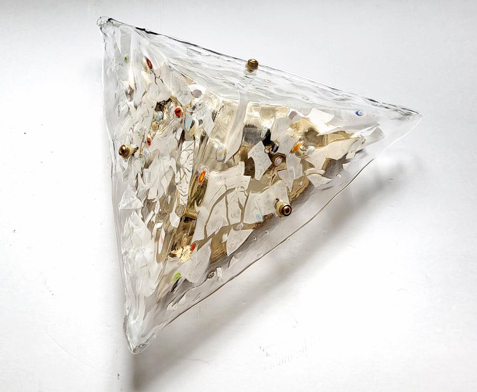 Wonderful blown Murano glass, metal and brass flush mount. 
Italy, 1970s.
Bulb holder: 3
