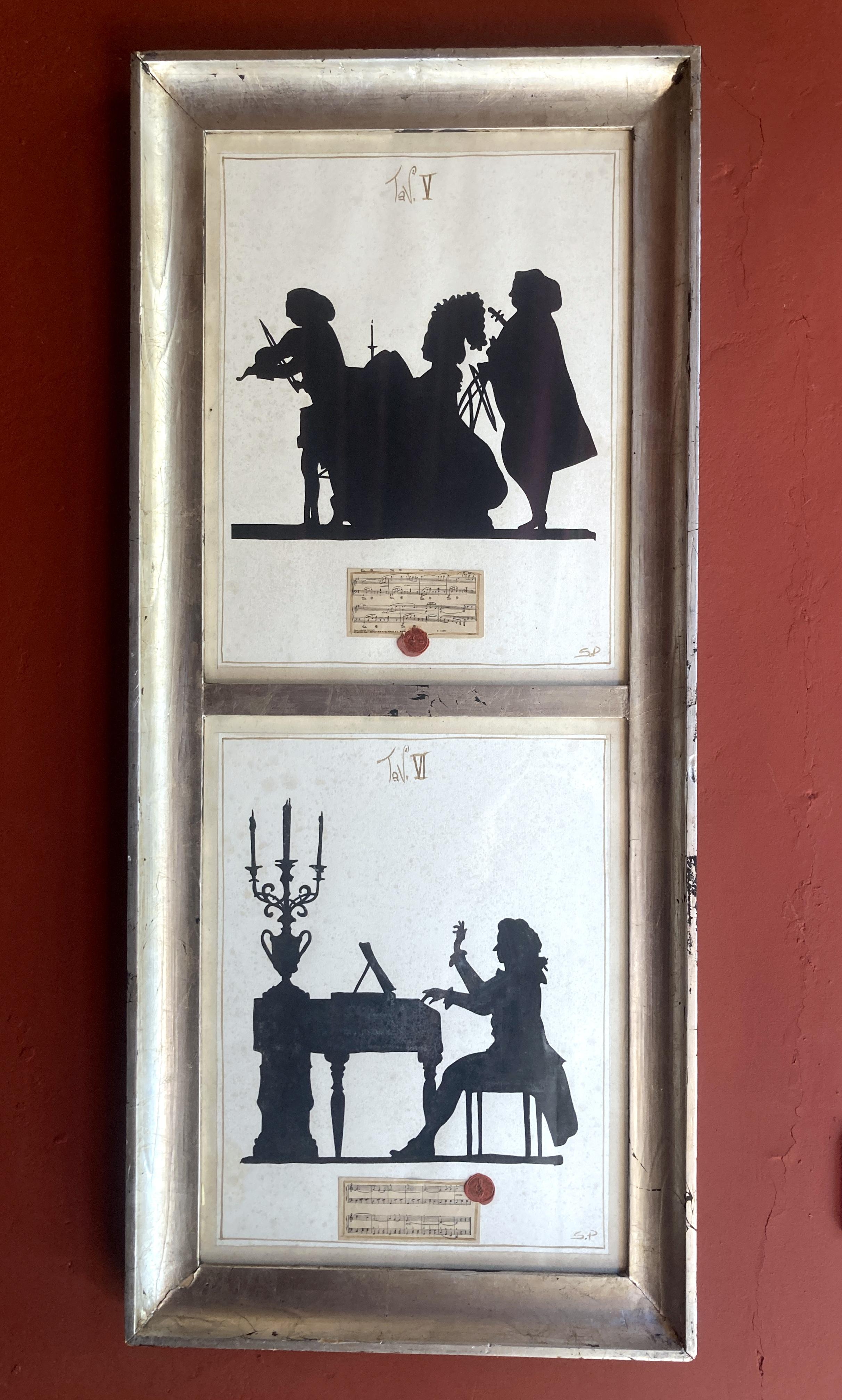 Italian Vintage Musicians Silhouettes Mixed Media Paintings on Paper For Sale 5