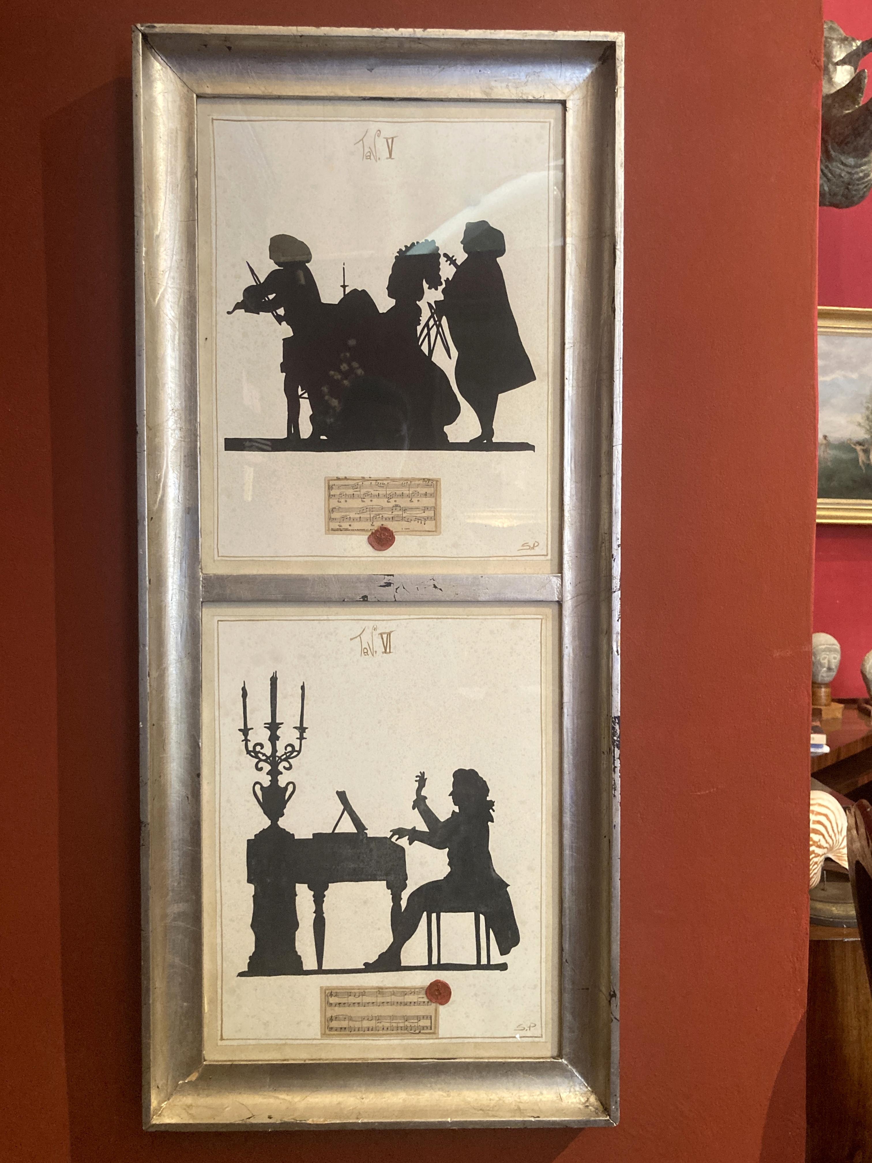 Two very pleasant musical themed silhouettes mixed media paintings. These lovely drawings are made of  ink and watercolor on paper enriched by a musical score fixed with a red lacquer wax mold. One figure represents a string trio, the other a