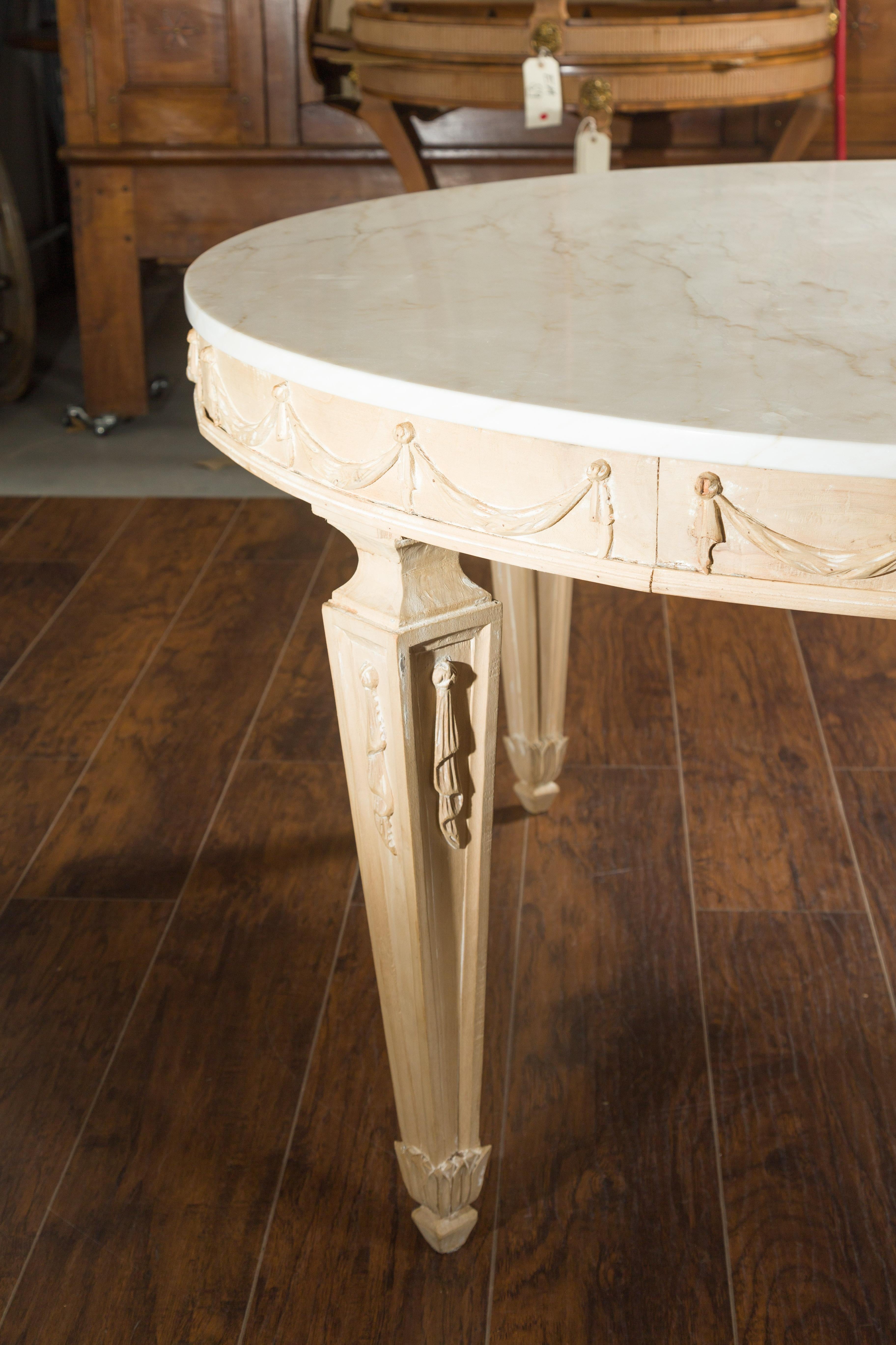 Italian Vintage Neoclassical Style Pine Dining Table with Marble Top and Swags For Sale 4