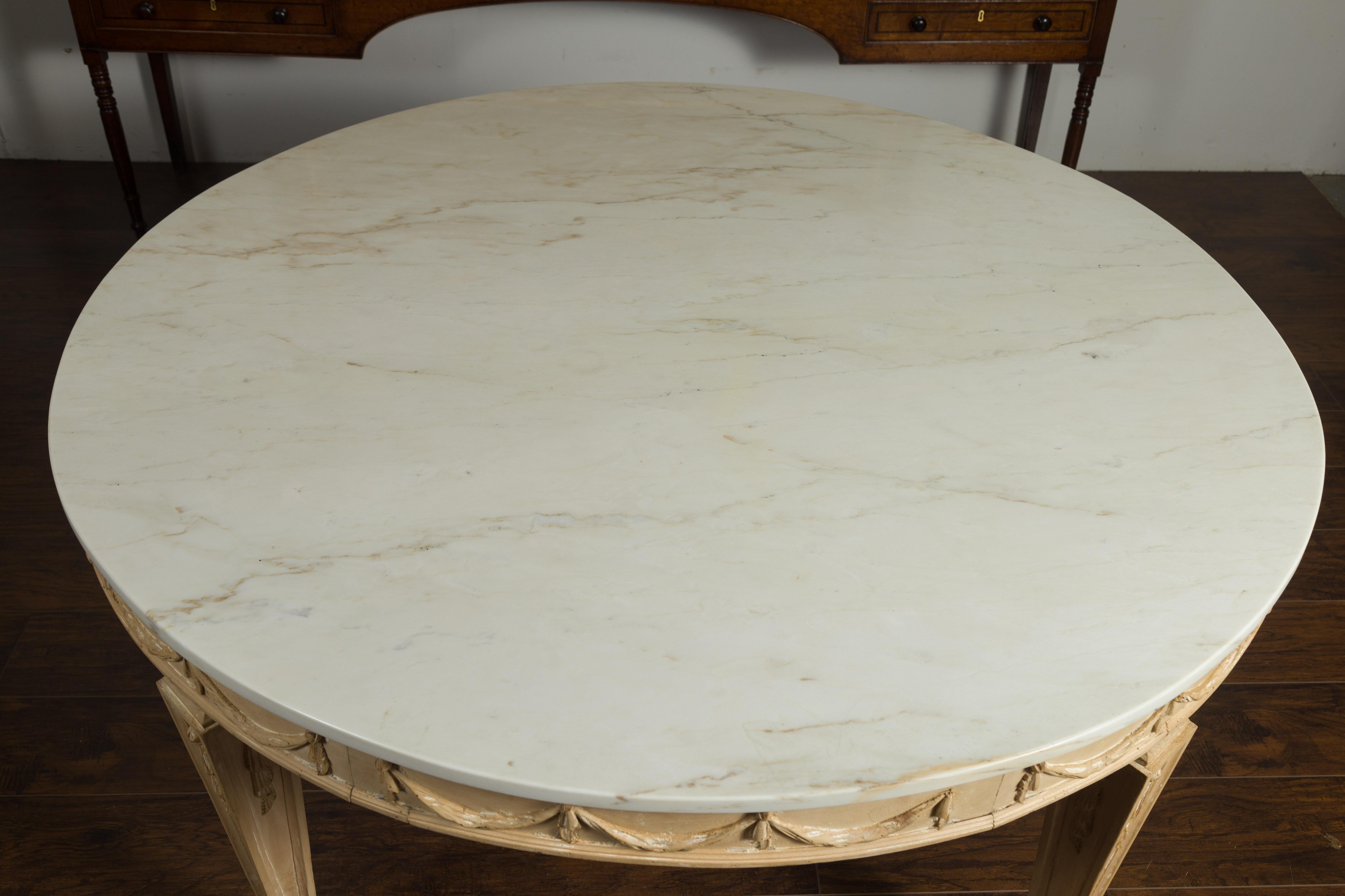 Italian Vintage Neoclassical Style Pine Dining Table with Marble Top and Swags For Sale 7