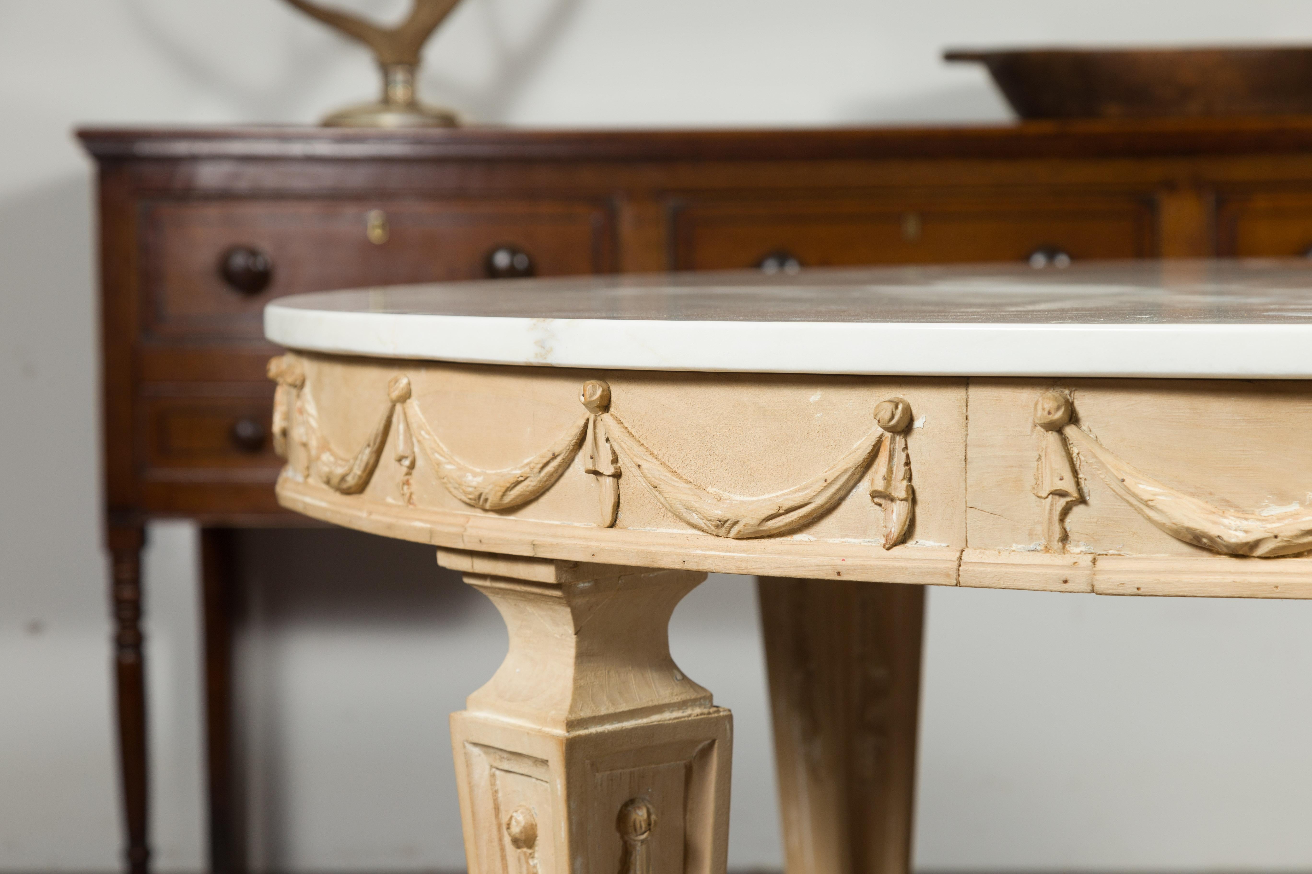 Italian Vintage Neoclassical Style Pine Dining Table with Marble Top and Swags In Good Condition For Sale In Atlanta, GA