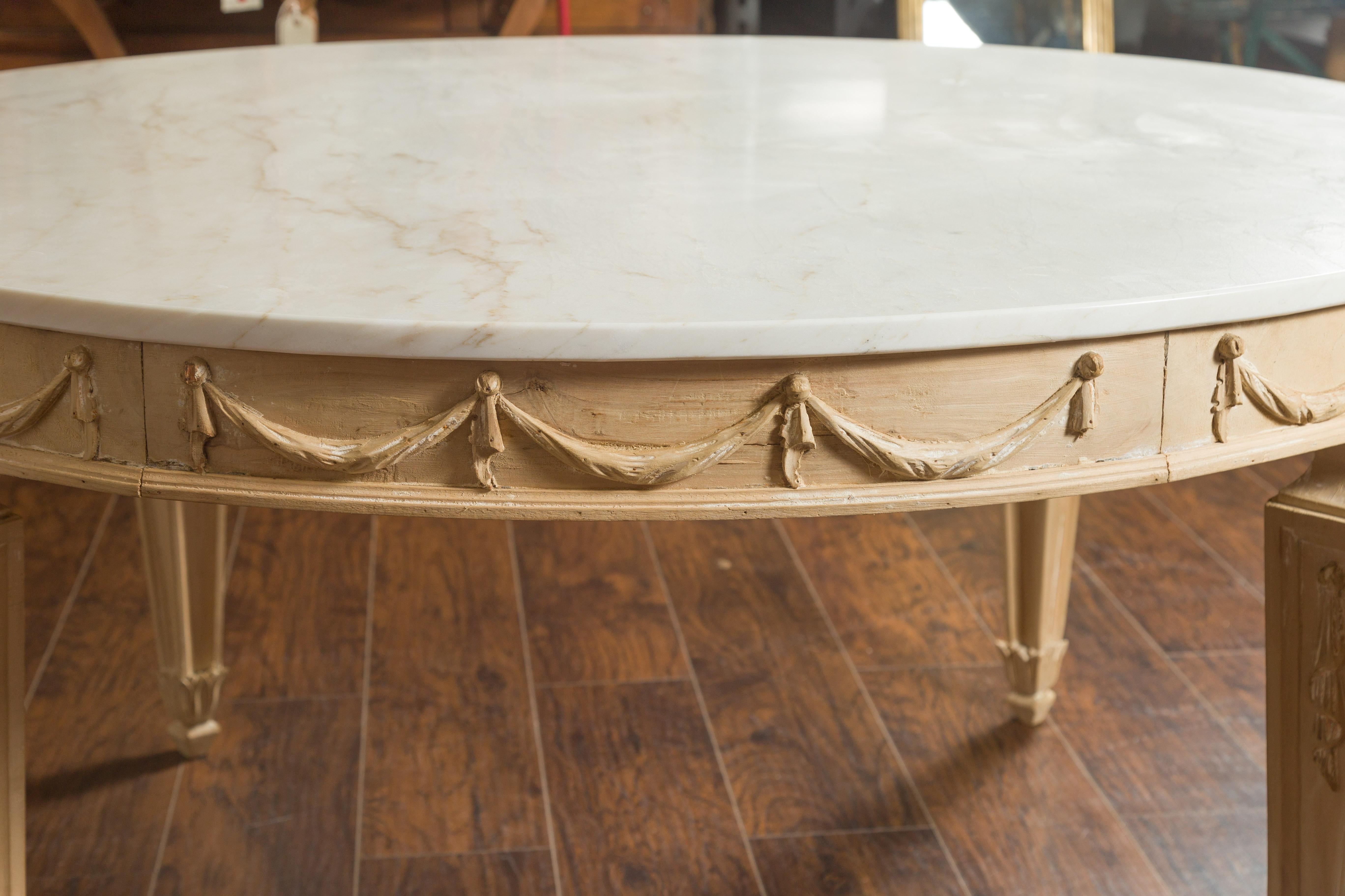 Italian Vintage Neoclassical Style Pine Dining Table with Marble Top and Swags For Sale 2