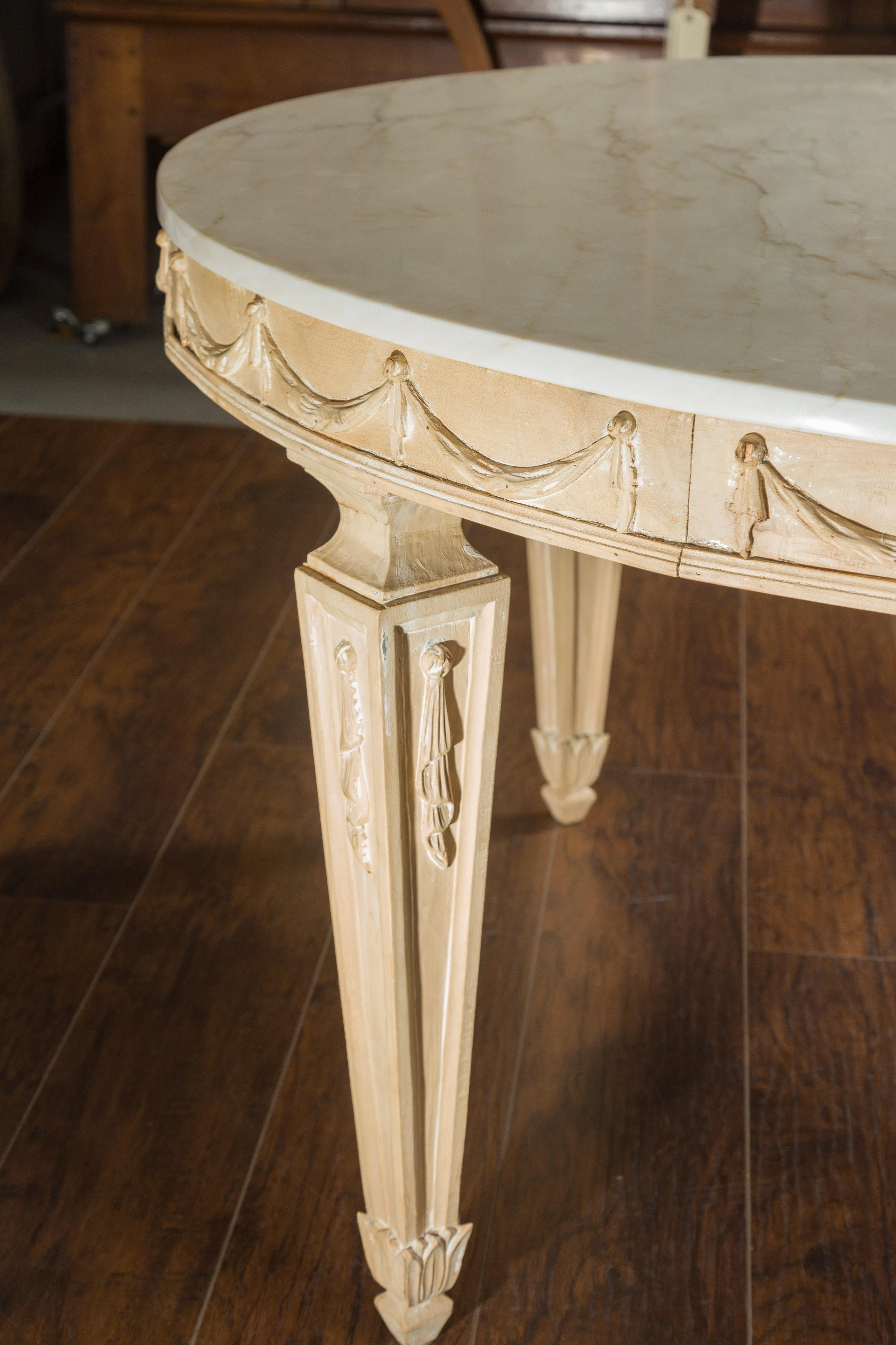 Italian Vintage Neoclassical Style Pine Dining Table with Marble Top and Swags For Sale 3