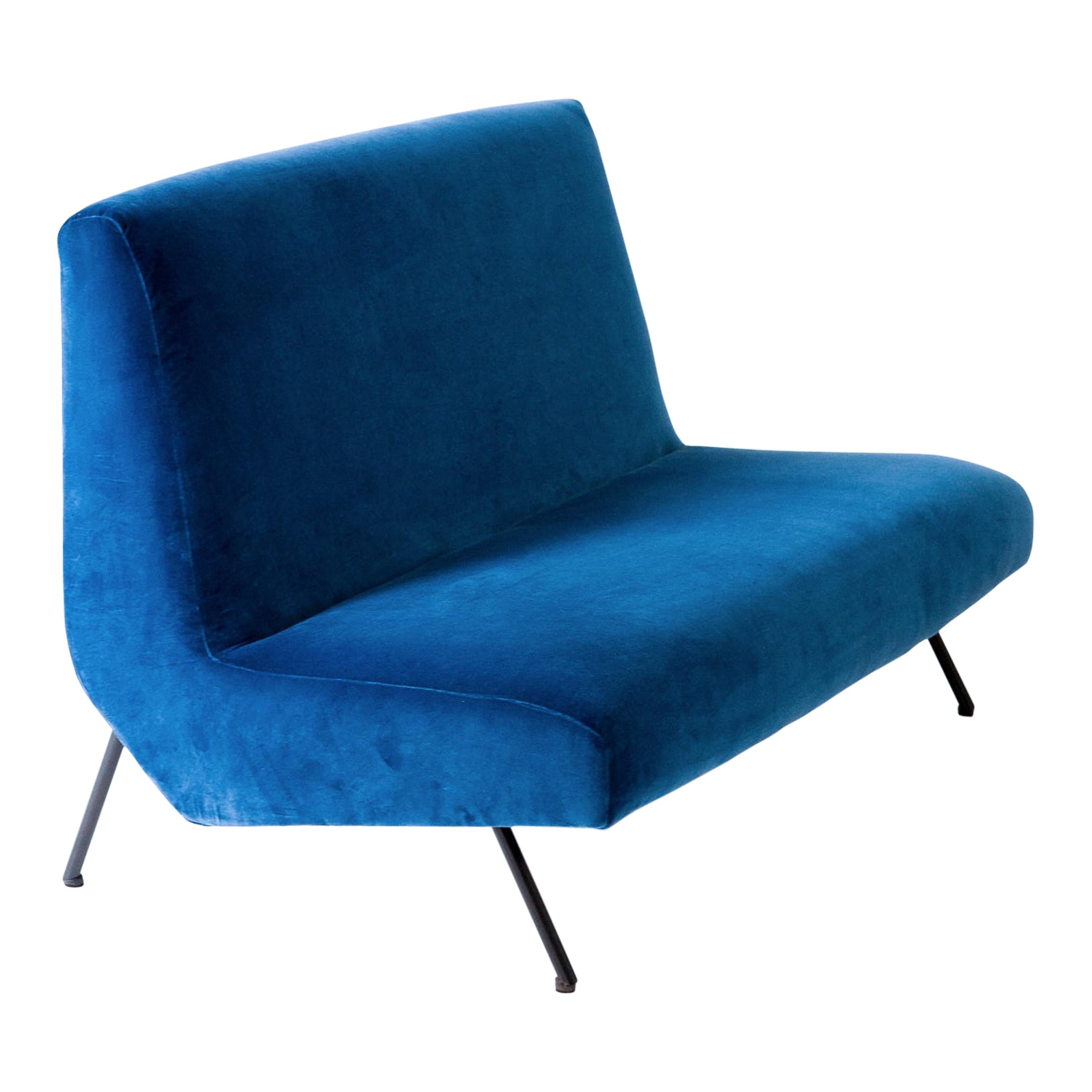Italian Vintage New Blue Velvet 2-Seat Sofa, 1950s