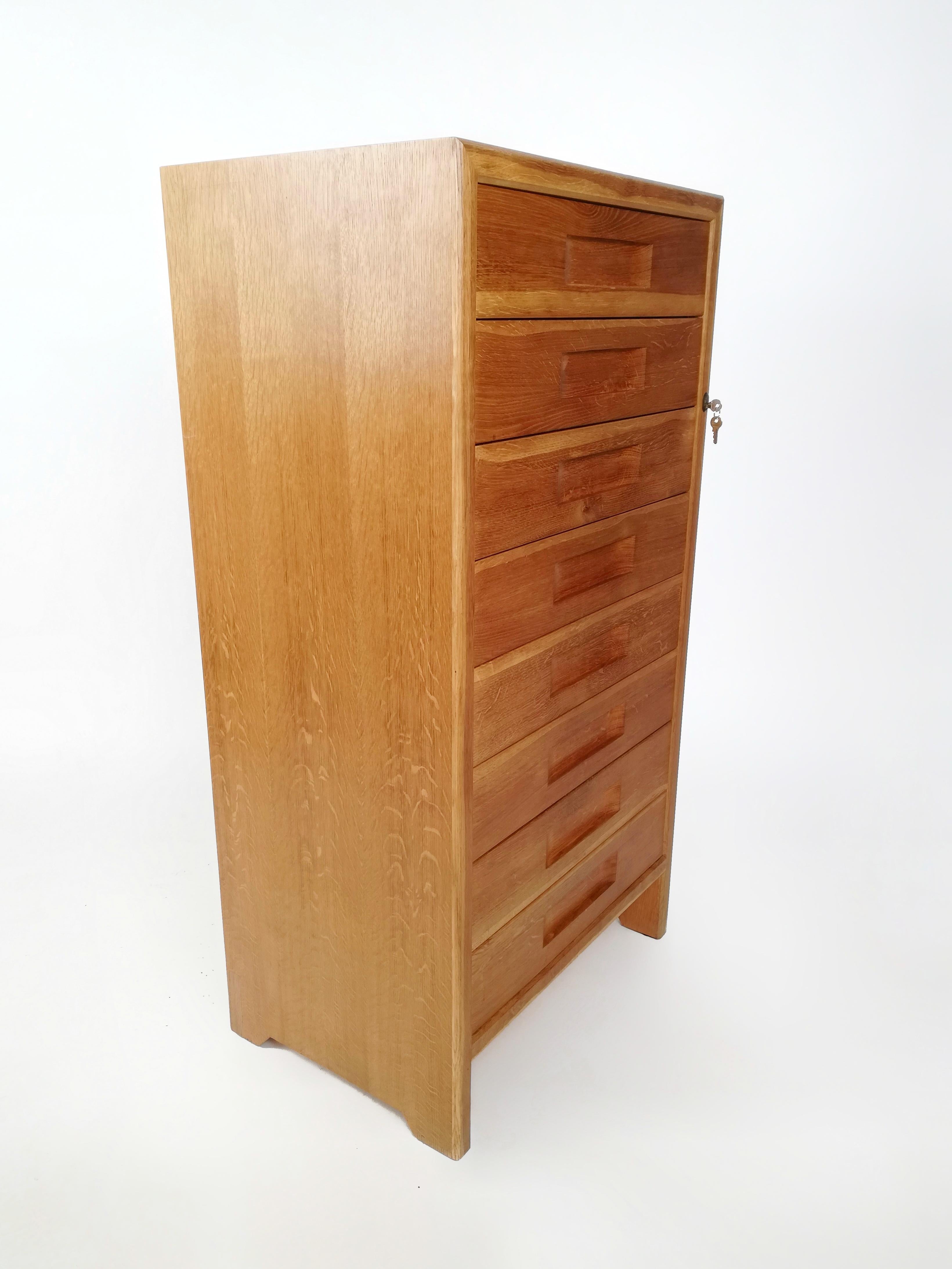 Italian Vintage Oak and Birch Wood Office Tallboy Chest of Drawers, 1960s For Sale 13