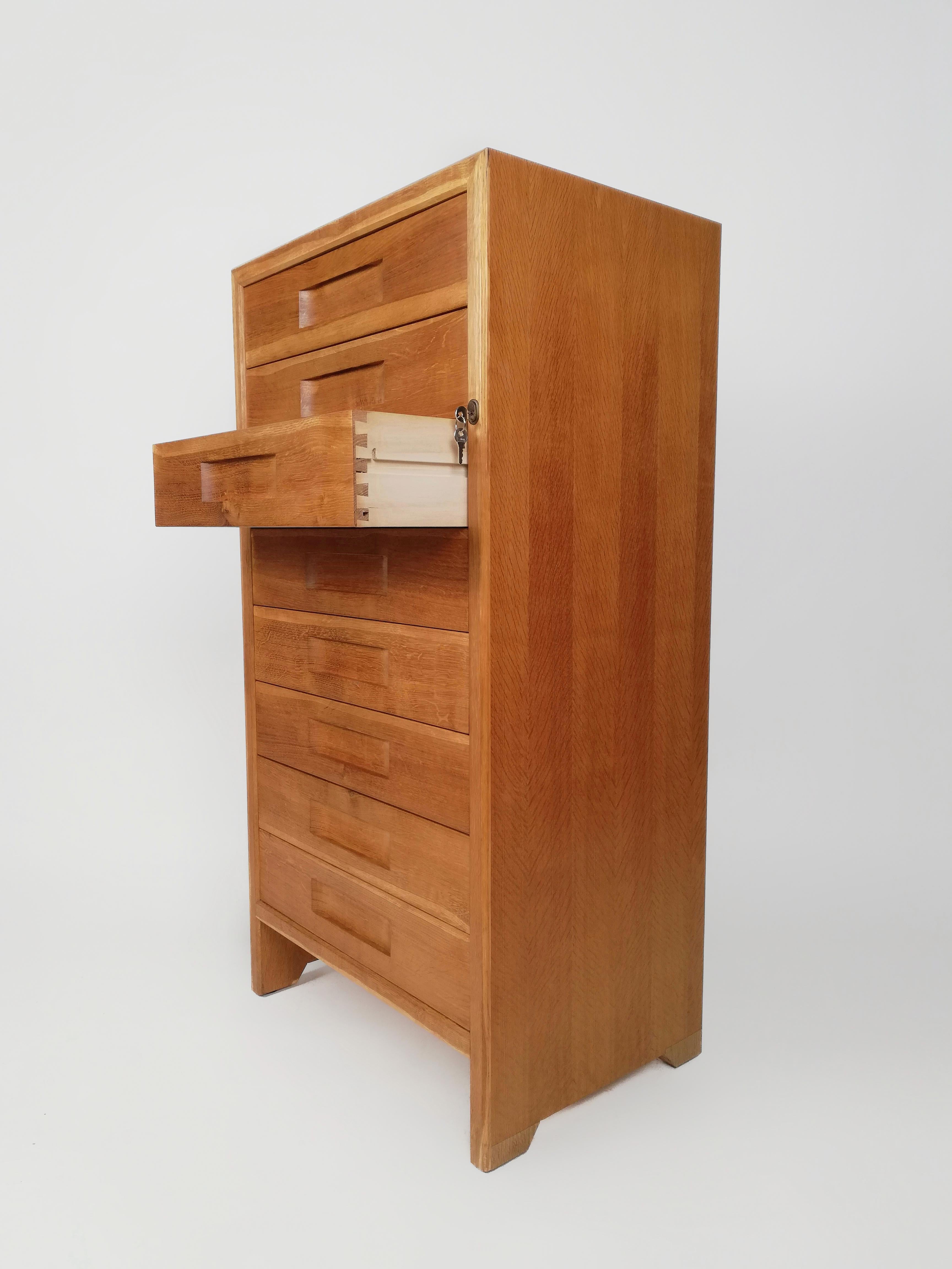 Mid-Century Modern Italian Vintage Oak and Birch Wood Office Tallboy Chest of Drawers, 1960s For Sale