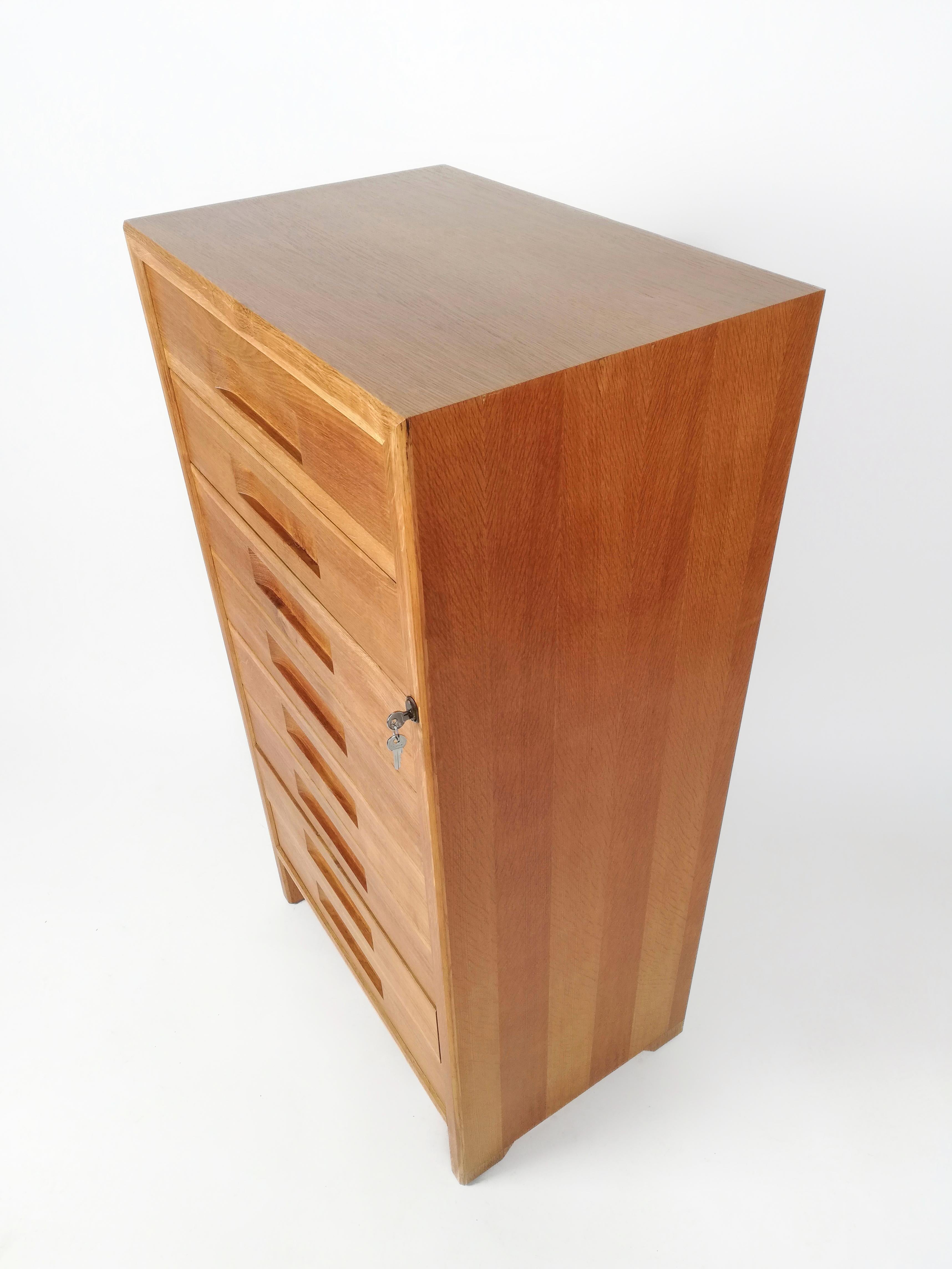 20th Century Italian Vintage Oak and Birch Wood Office Tallboy Chest of Drawers, 1960s For Sale