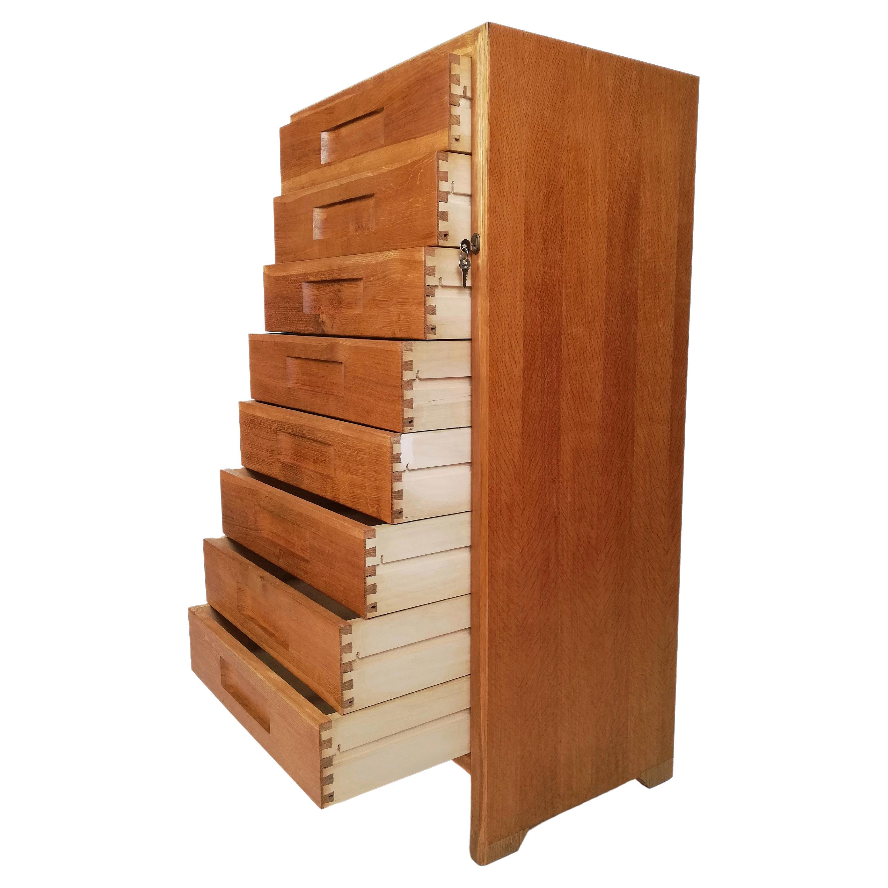 Italian Vintage Oak and Birch Wood Office Tallboy Chest of Drawers, 1960s For Sale