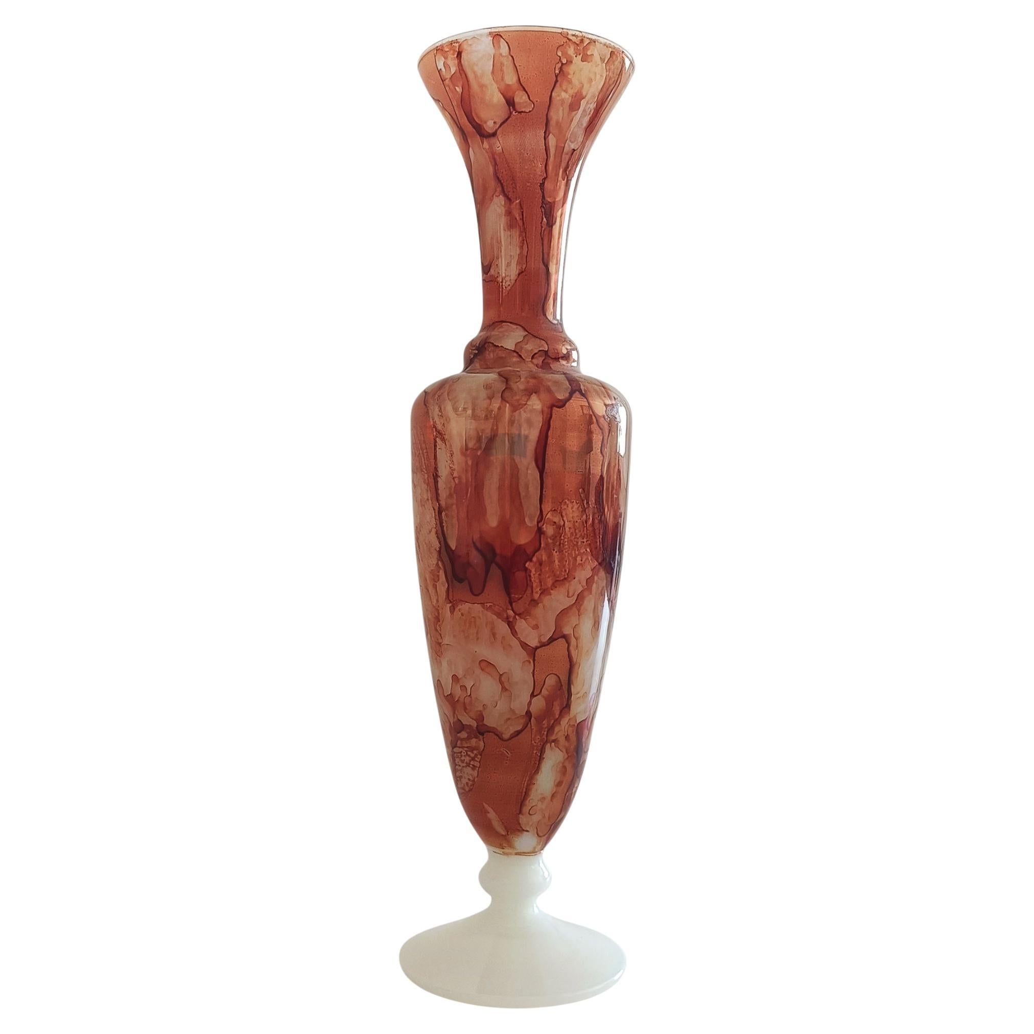 Midcentury Opaline Glass Marbled Décor Hourglass Shaped Vase, Florence, c. 1950s