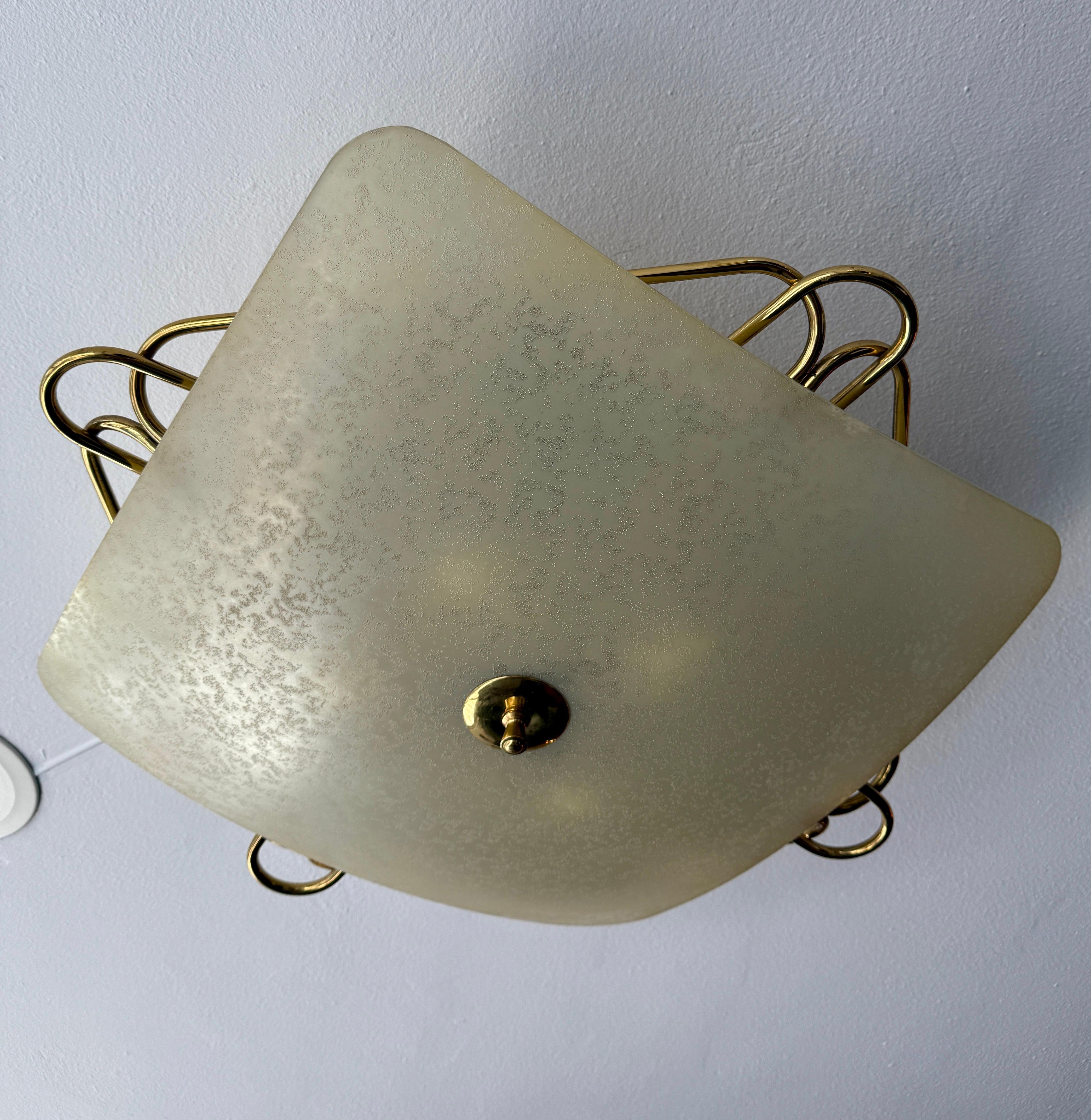 Italian Vintage Opaque Glass & Brass Plafonnier/ Flush Mount Light Fixture For Sale 5