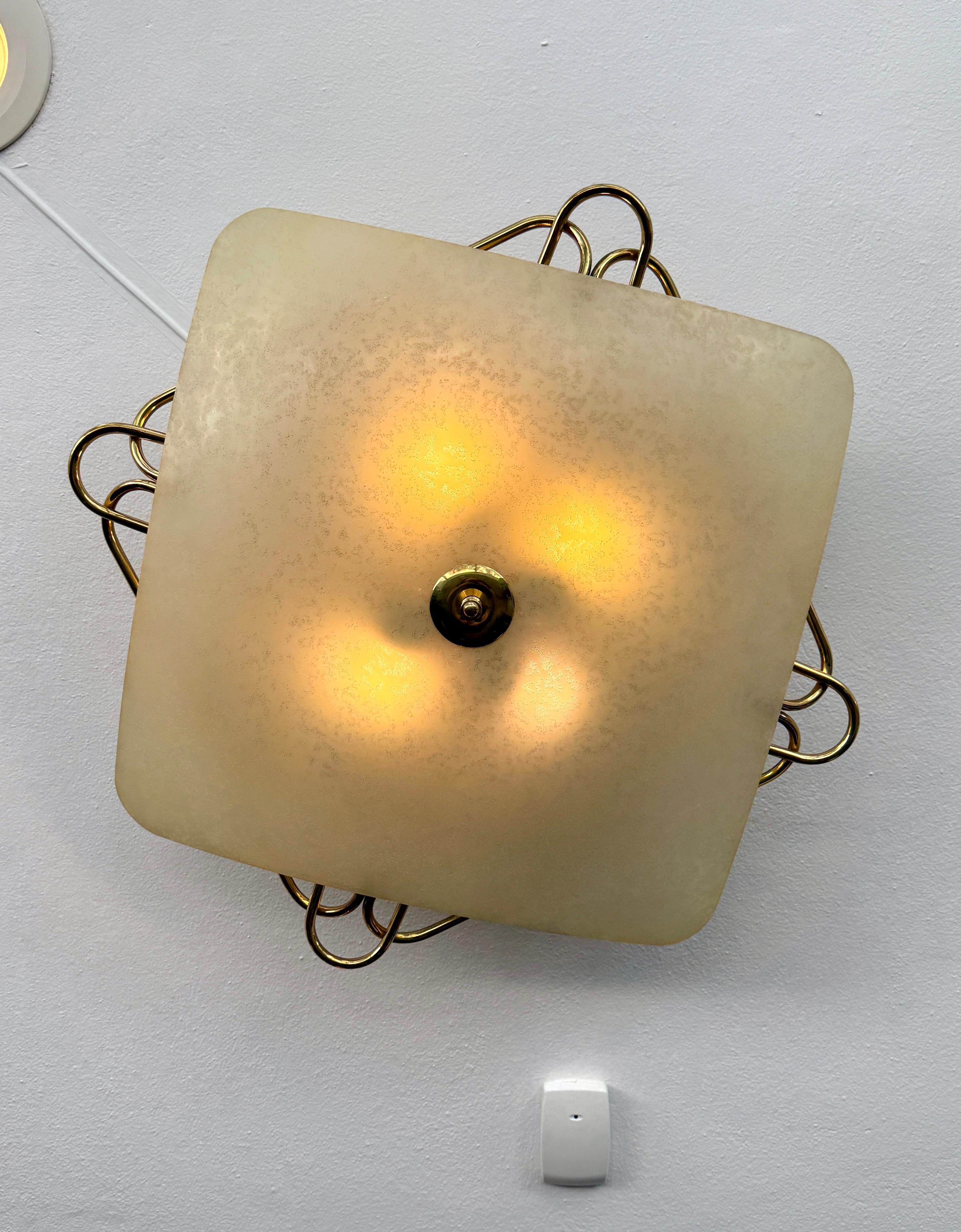 Mid-Century Modern Italian Vintage Opaque Glass & Brass Plafonnier/ Flush Mount Light Fixture For Sale