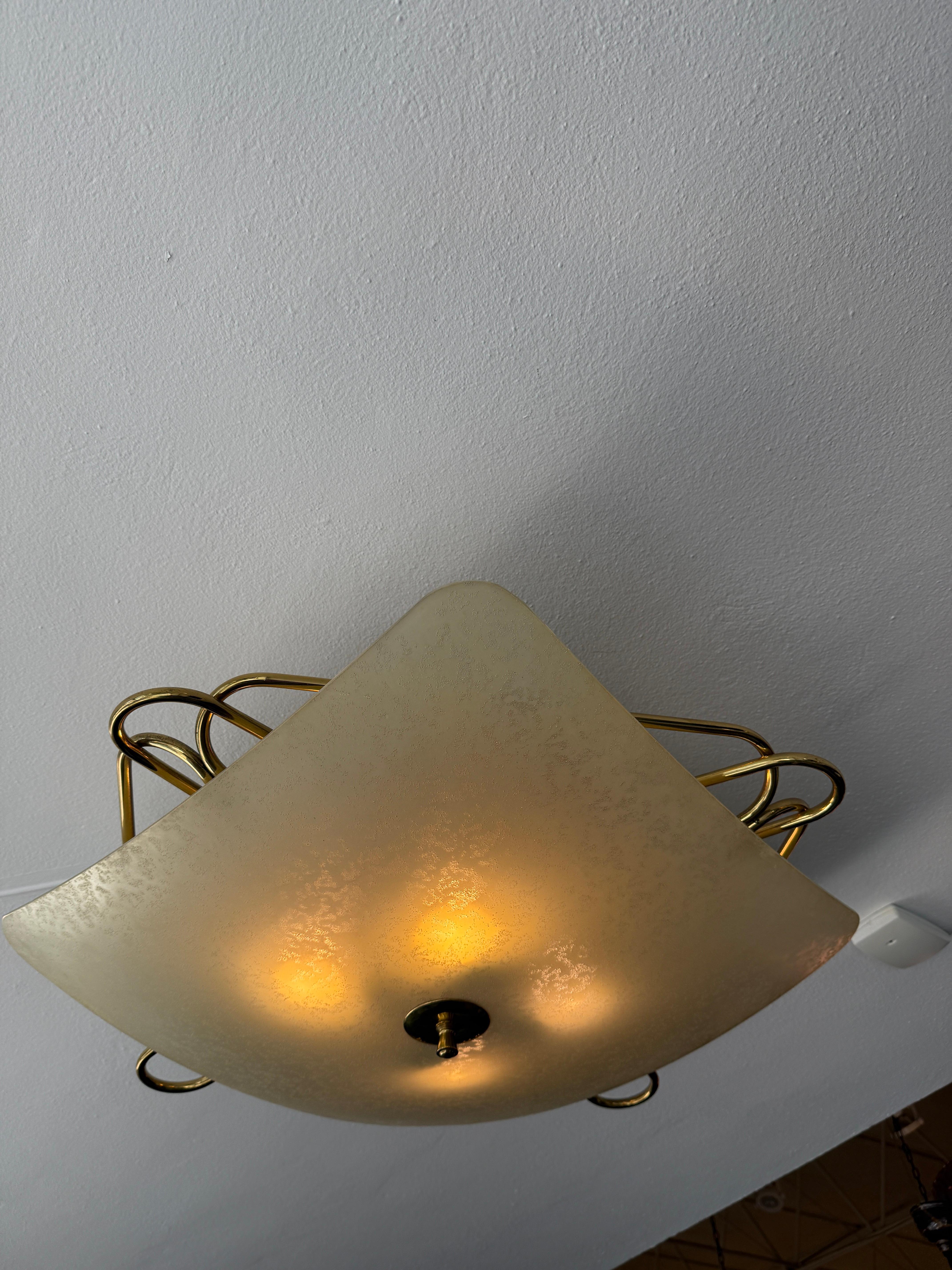 Italian Vintage Opaque Glass & Brass Plafonnier/ Flush Mount Light Fixture In Good Condition For Sale In North Miami, FL