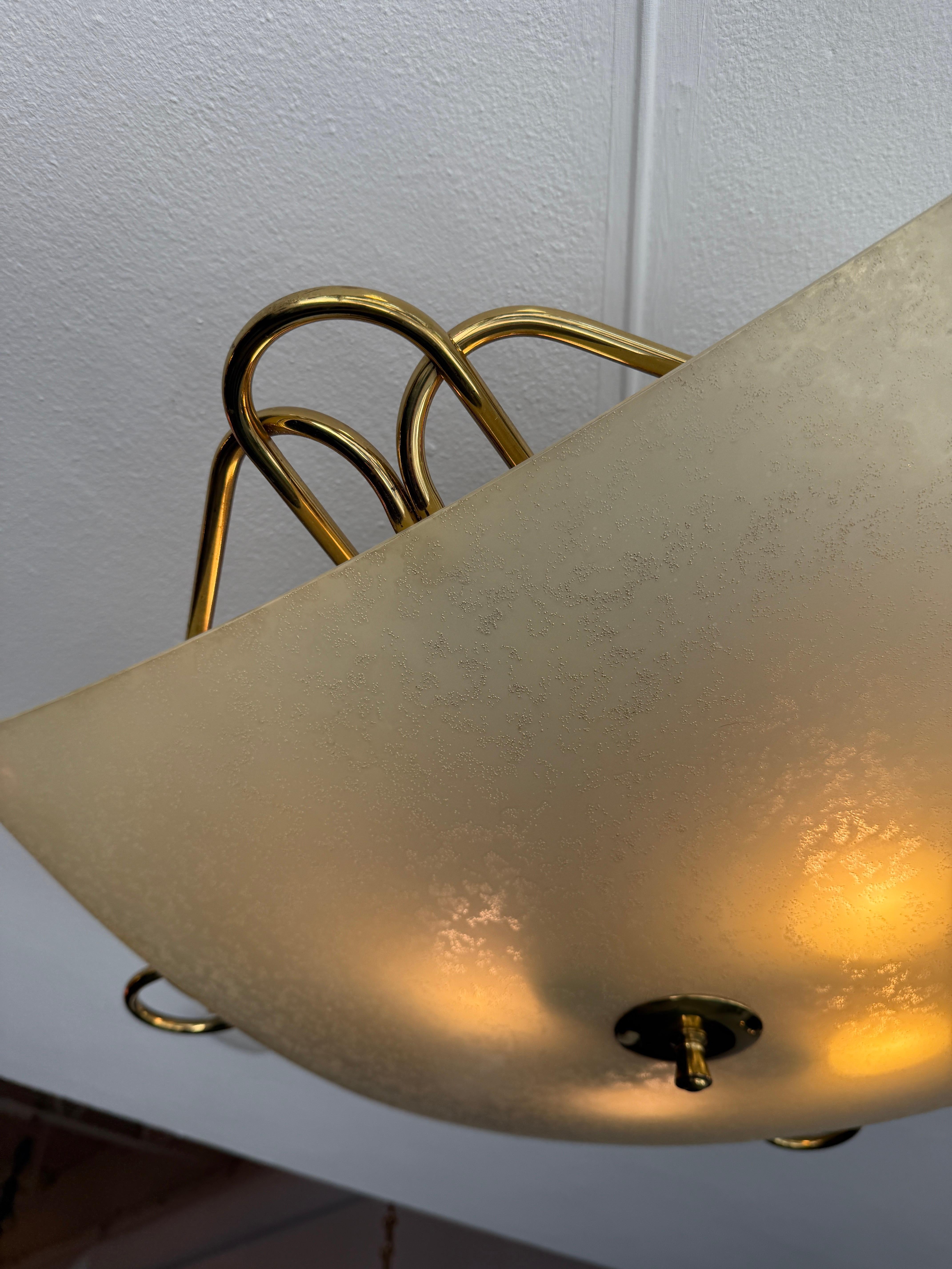 Mid-20th Century Italian Vintage Opaque Glass & Brass Plafonnier/ Flush Mount Light Fixture For Sale