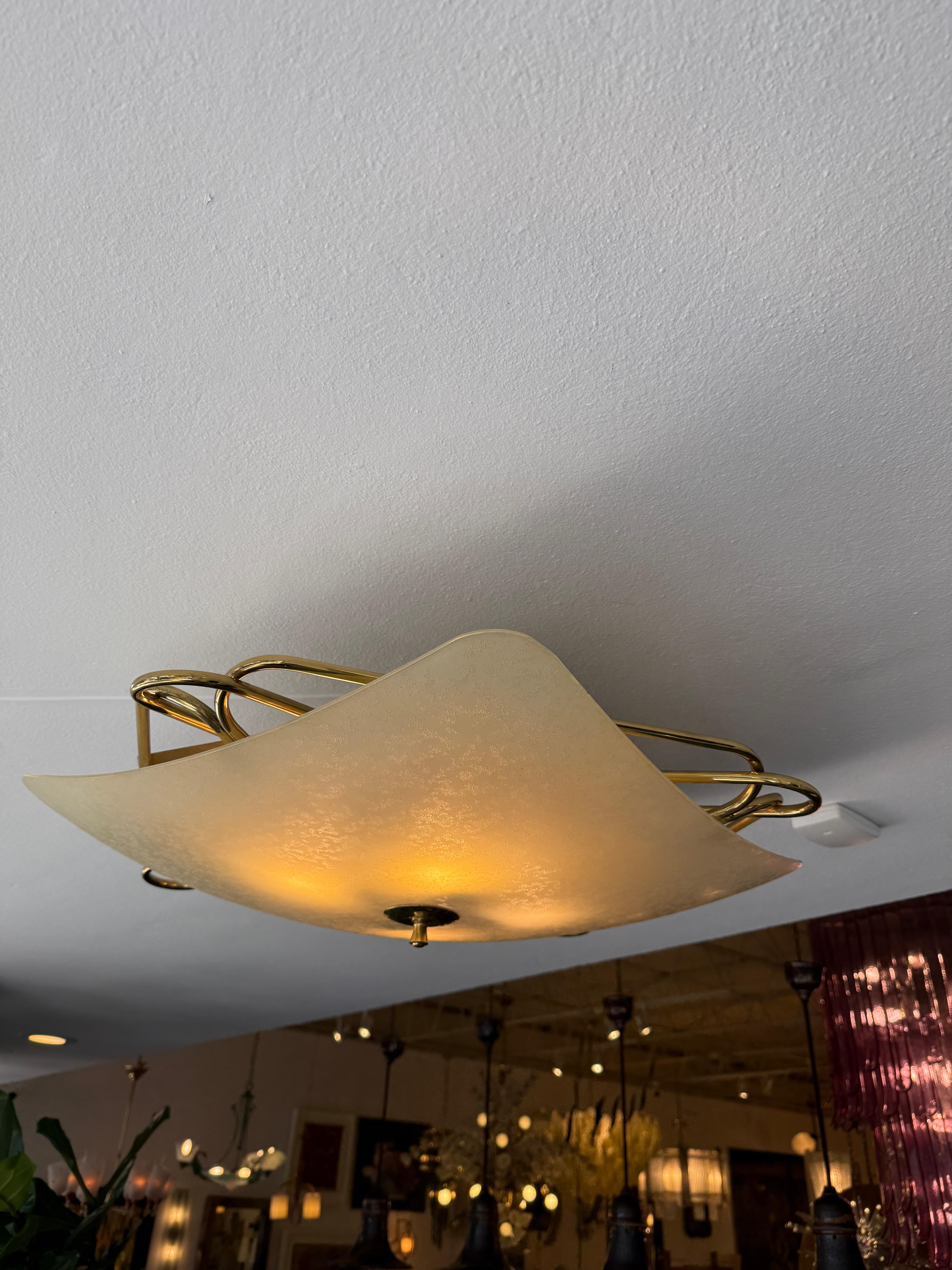 Italian Vintage Opaque Glass & Brass Plafonnier/ Flush Mount Light Fixture For Sale 1