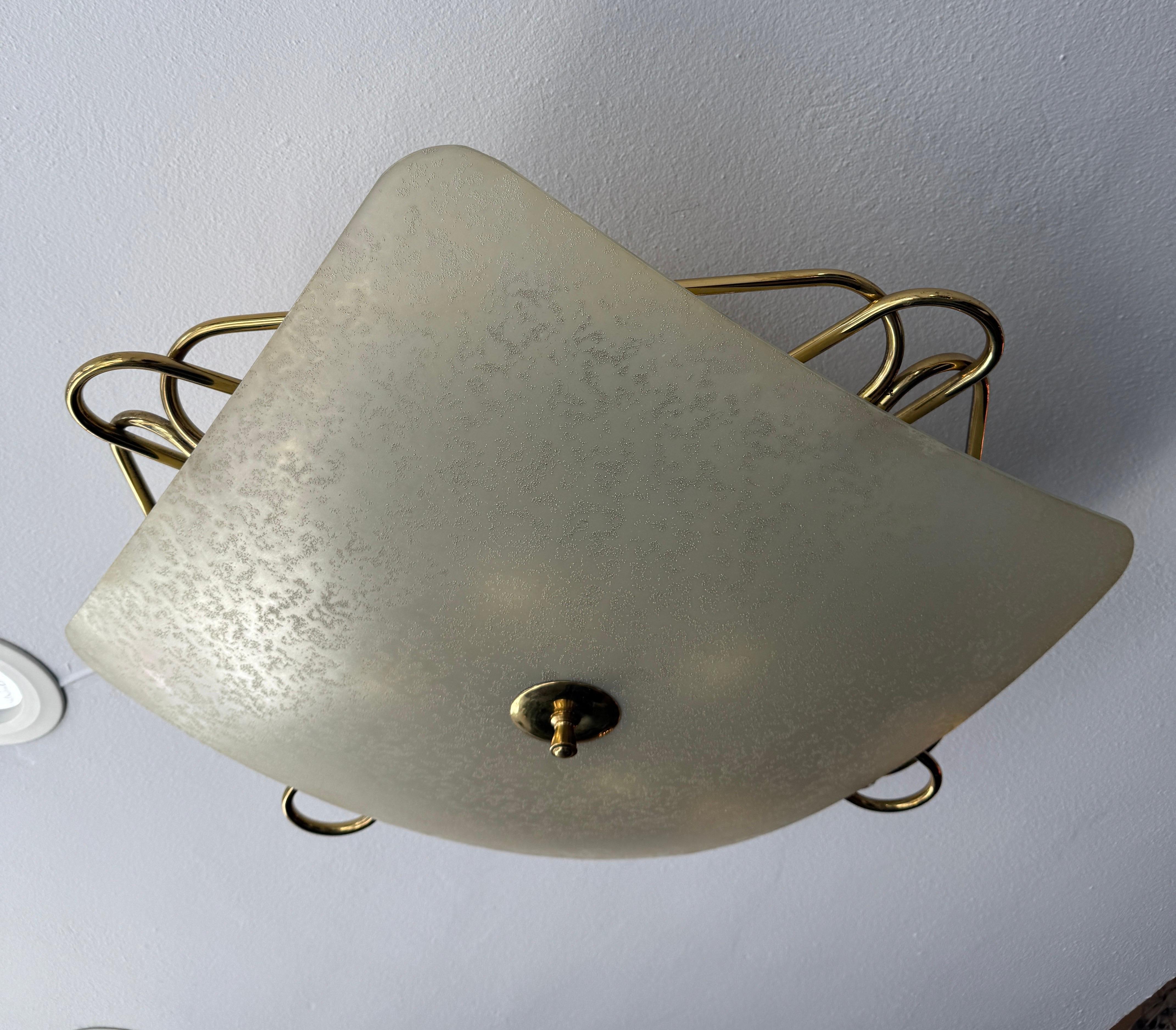 Italian Vintage Opaque Glass & Brass Plafonnier/ Flush Mount Light Fixture For Sale 2