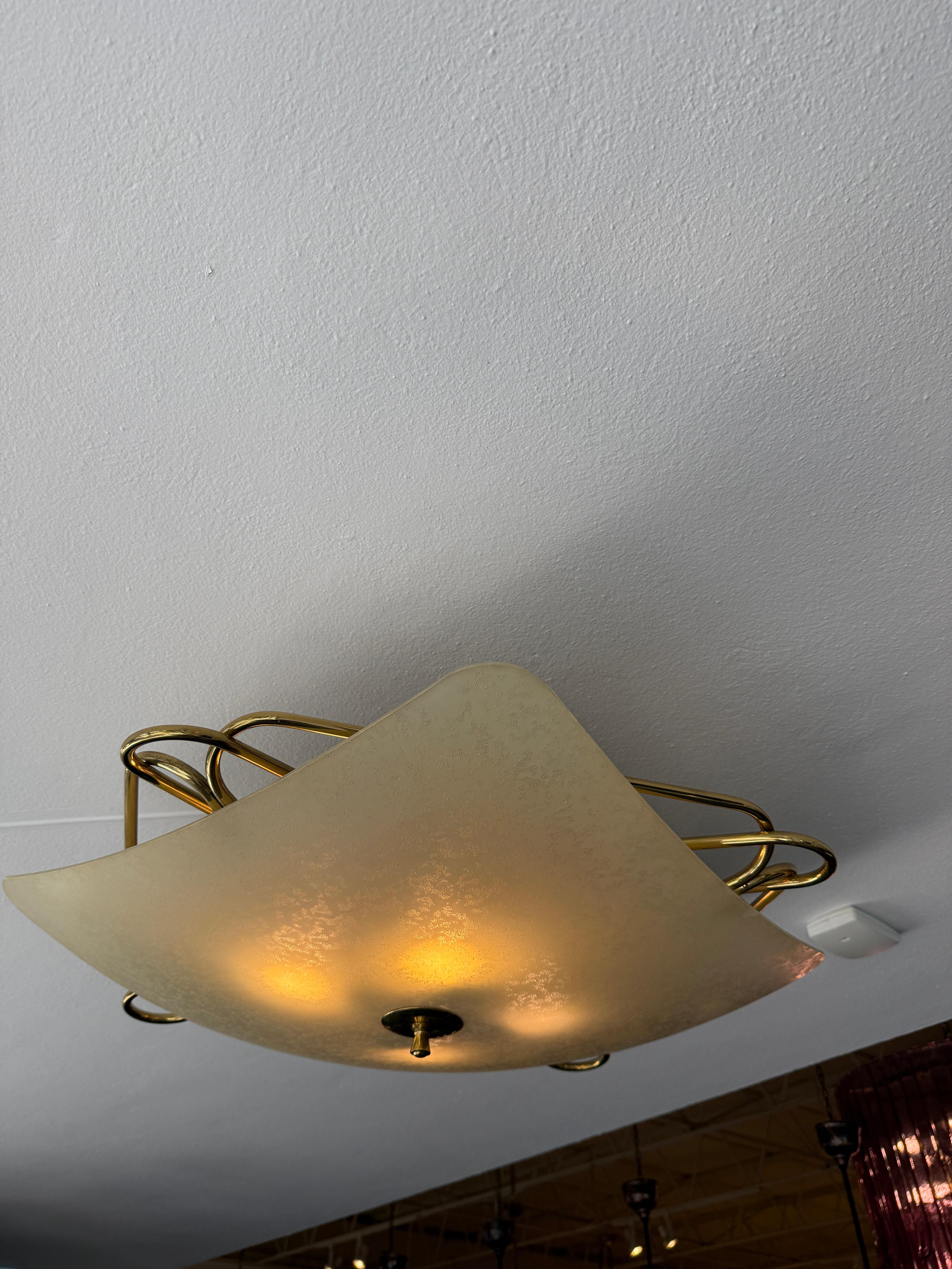 Italian Vintage Opaque Glass & Brass Plafonnier/ Flush Mount Light Fixture For Sale 3