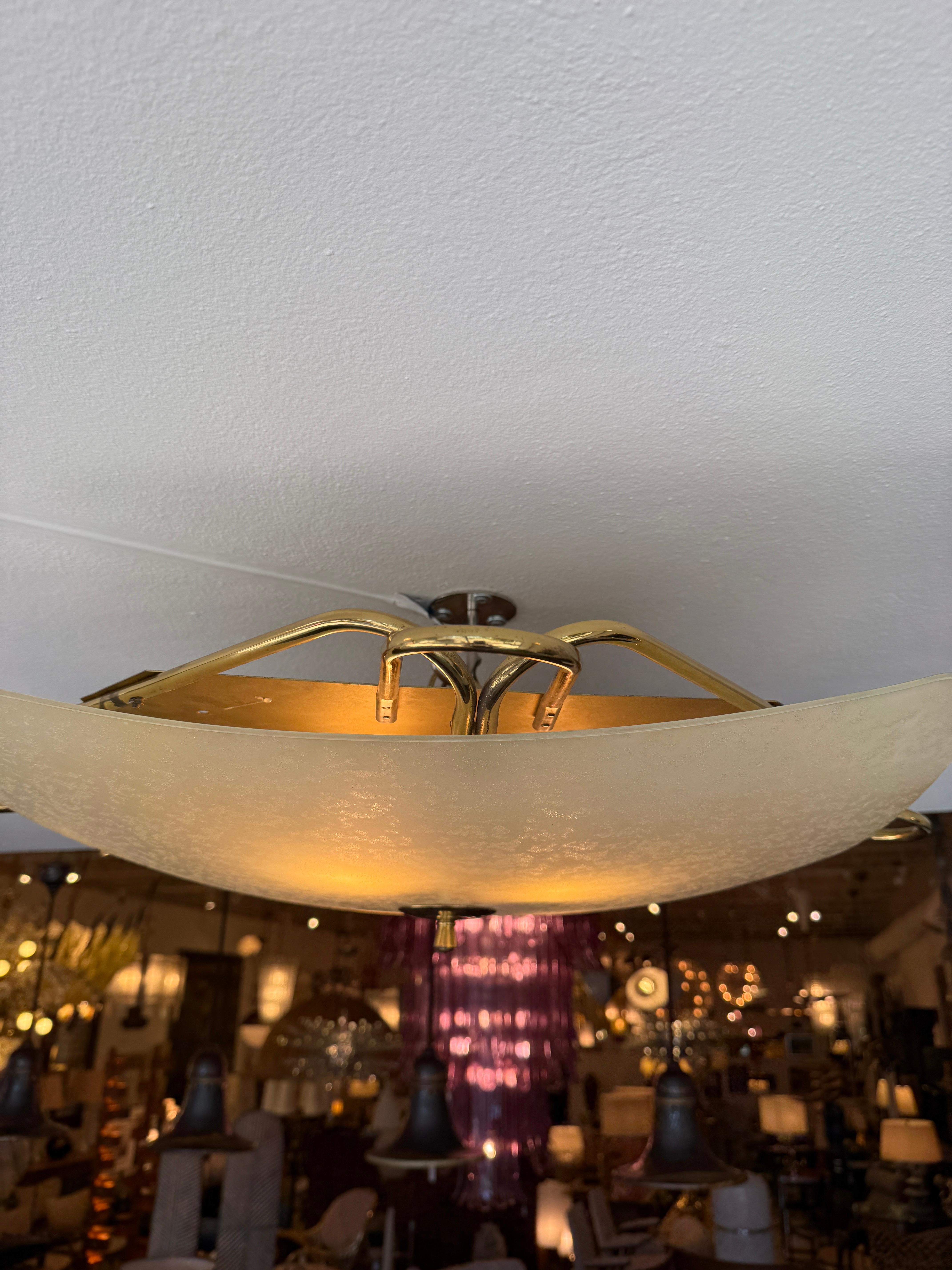 Italian Vintage Opaque Glass & Brass Plafonnier/ Flush Mount Light Fixture For Sale 4