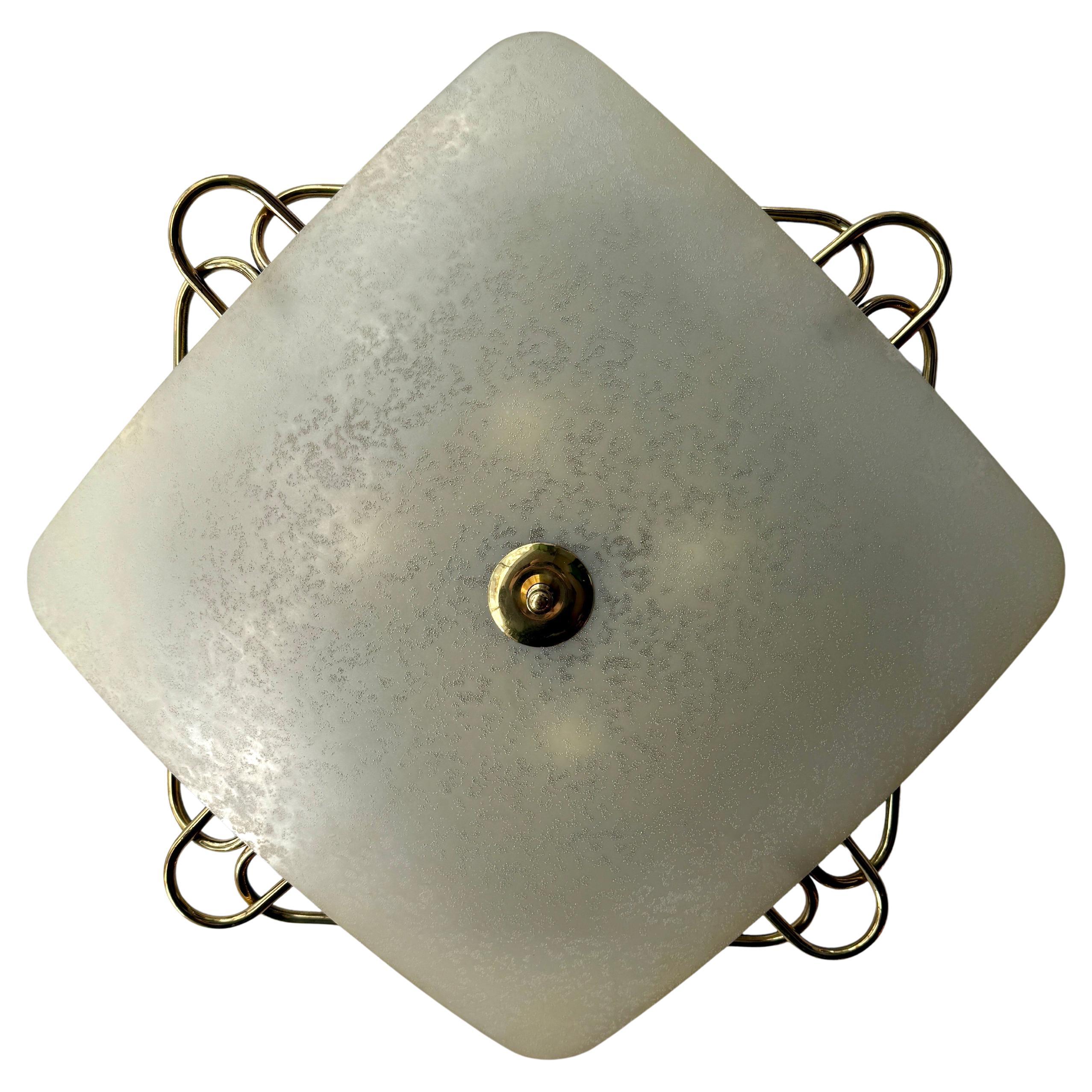 Vintage Italian Glass Opaque & Brass Plafonnier/ Flush Mount Light Fixture