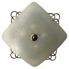 Italian Vintage Opaque Glass & Brass Plafonnier/ Flush Mount Light Fixture