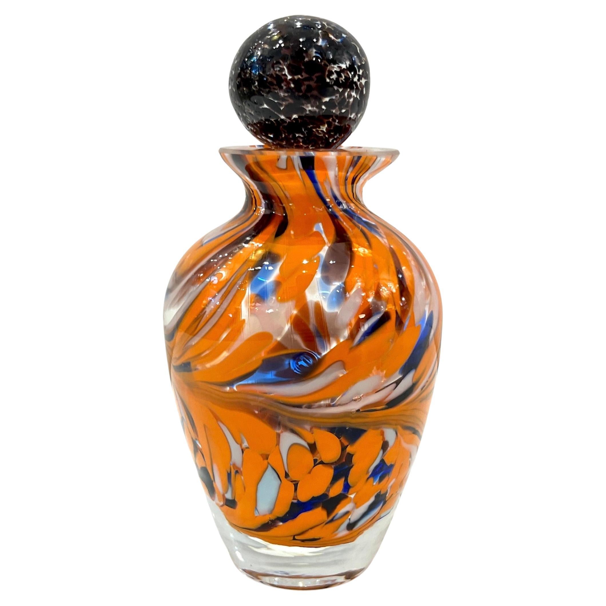 Frasco de perfume italiano vintage naranja negro blanco azul de cristal de Murano de forma ovalada