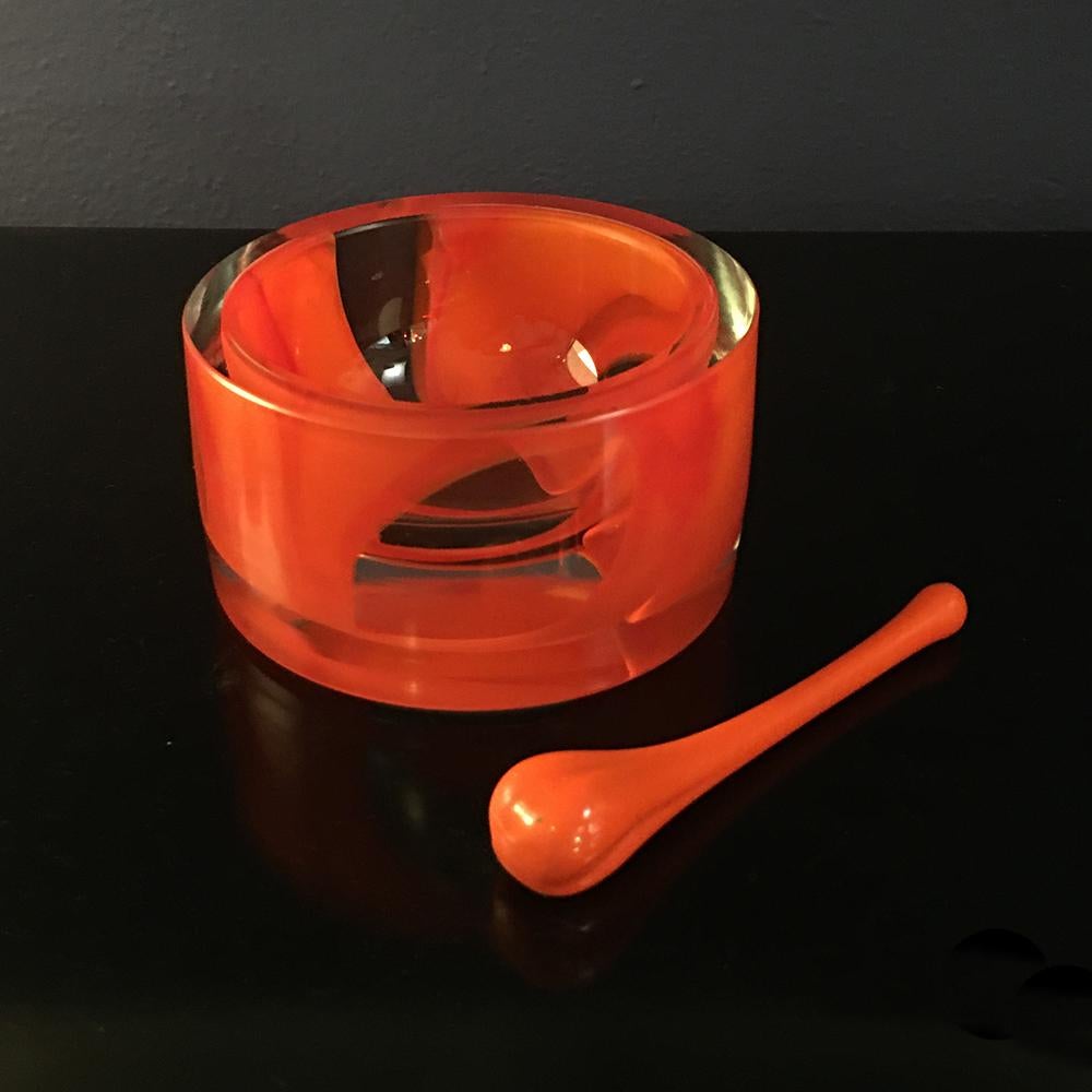 Italian vintage orange Murano glass ashtray with cigarette extinguisher, 1950s
Ashtray with cigarette extinguisher in orange and transparent Murano glass, composed of round shaped container and cigarette extinguisher always in orange
