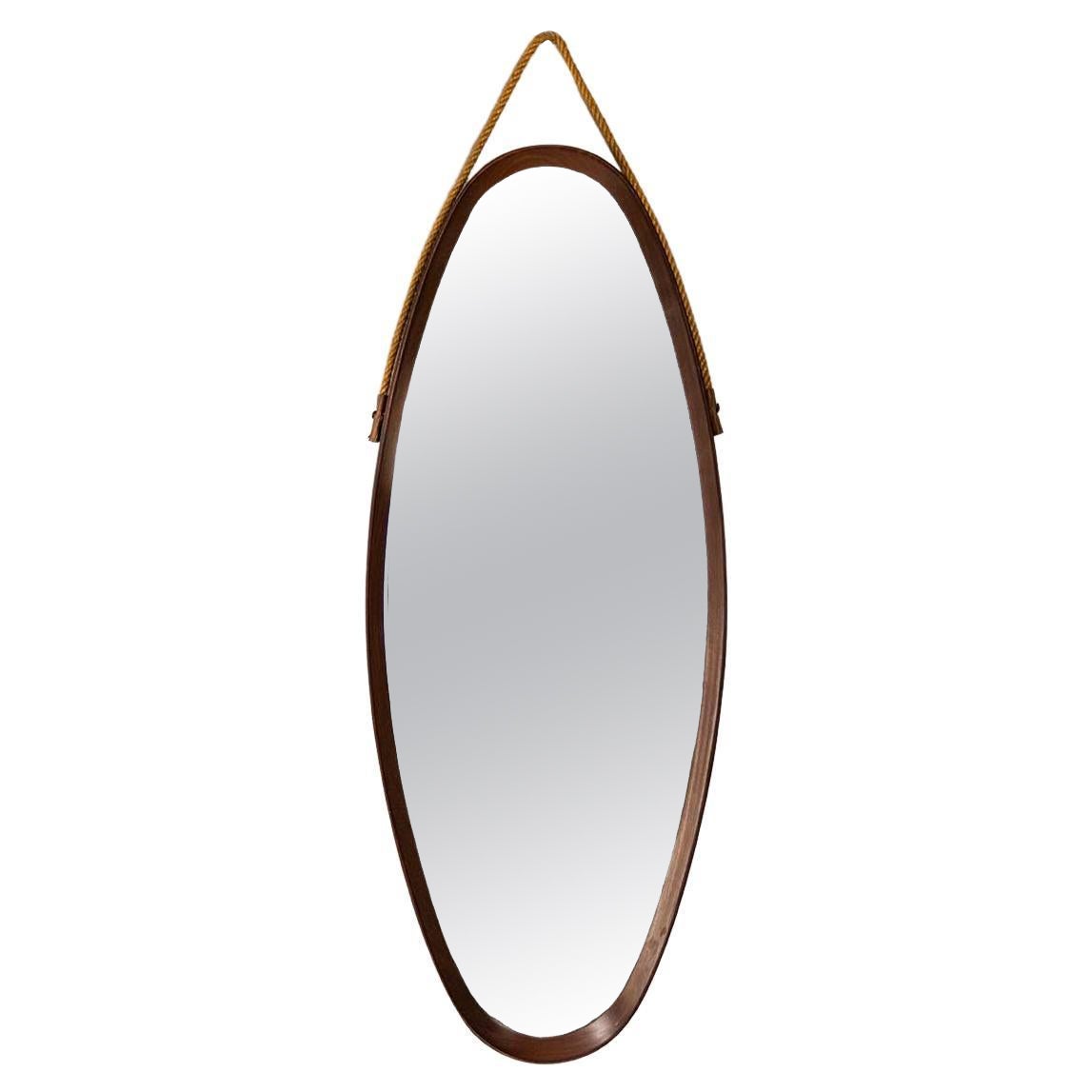 Italian Vintage Oval Mirror with Stained Teak Frame, Italy 1960s