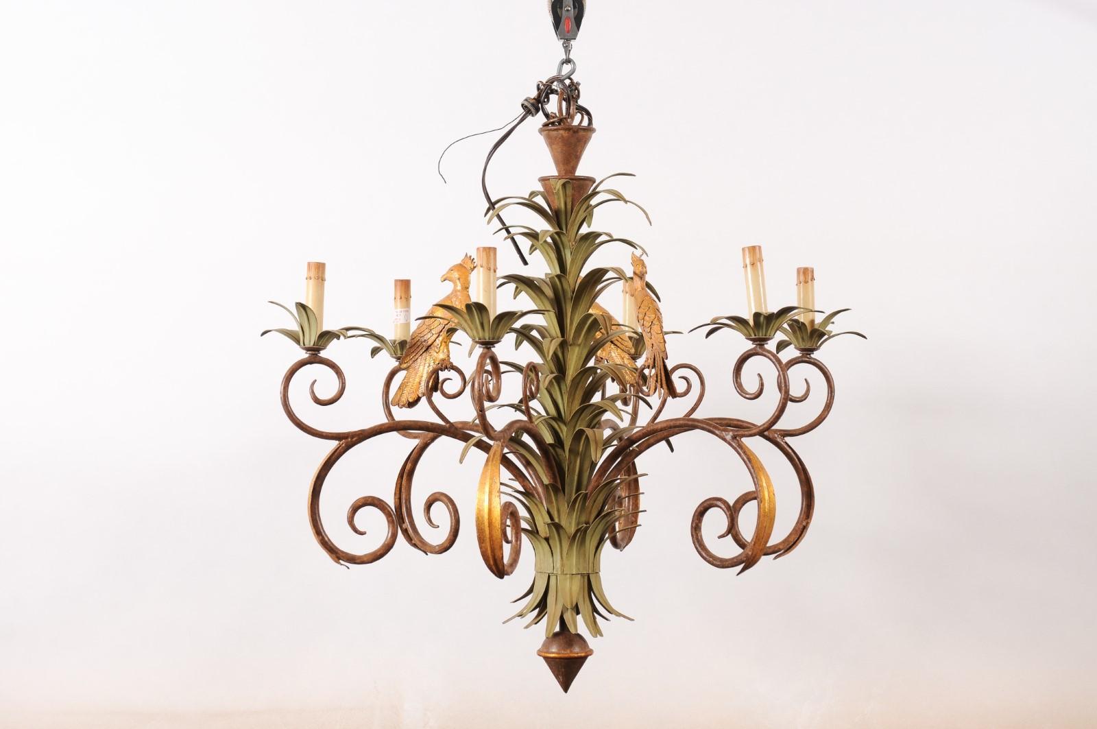 Italienischer Vintage Tole-Kronleuchter mit Palmenblättern und tropischen Vögeln, 20.
