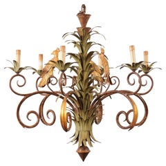 Italienischer Vintage-Kronleuchter aus bemaltem Zinn mit Palmenblättern und tropischen Vögeln, Vintage