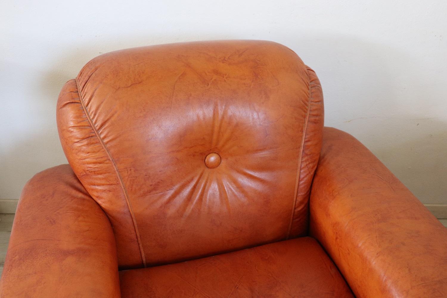 Late 20th Century Italian Vintage Pair of Armchairs in Orange Faux Leather, 1980s