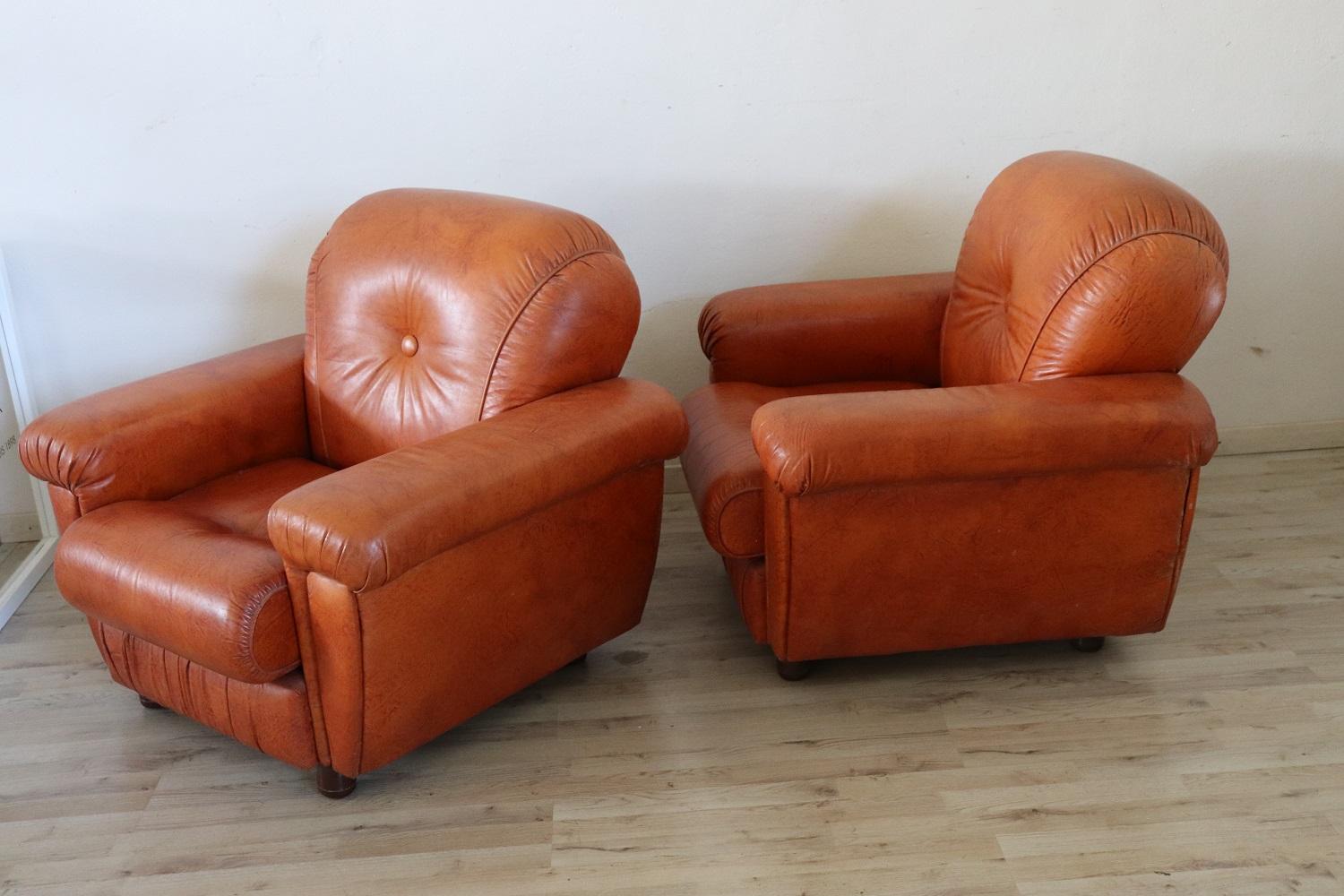 Italian Vintage Pair of Armchairs in Orange Faux Leather, 1980s 2