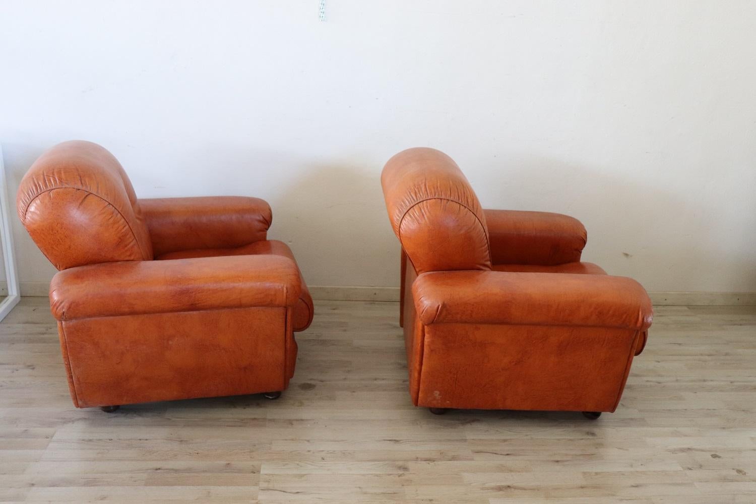Italian Vintage Pair of Armchairs in Orange Faux Leather, 1980s 4
